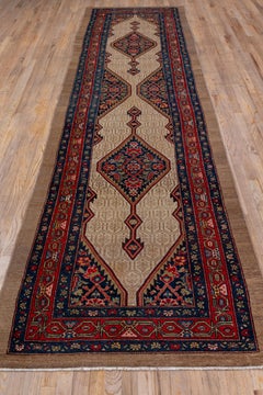 Antique Persian Camel Hair Hamadan Runner, circa 1910s, Blue & Red Palette