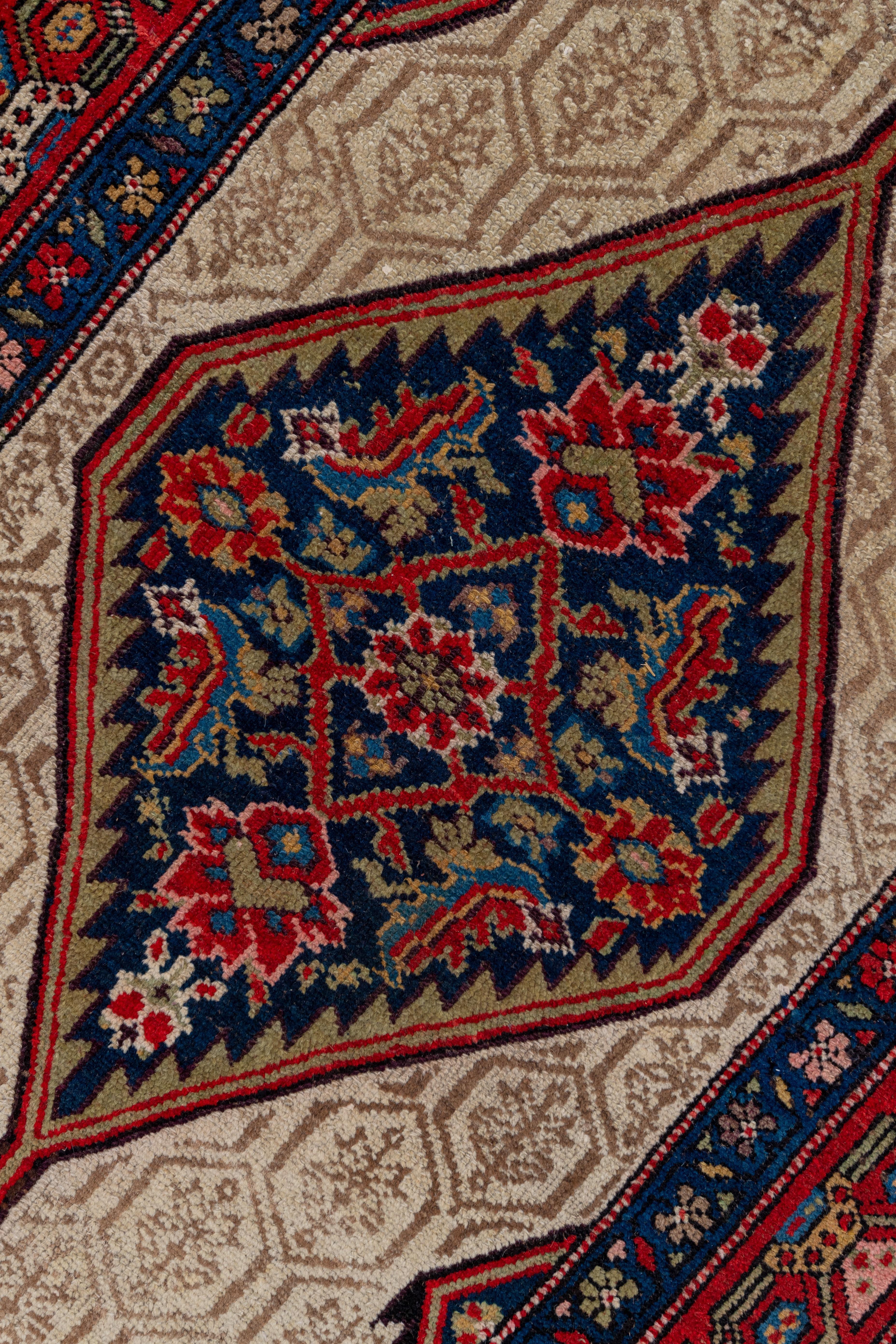 Tribal Antique Persian Camel Hair Hamadan Runner, circa 1910s, Blue & Red Palette For Sale