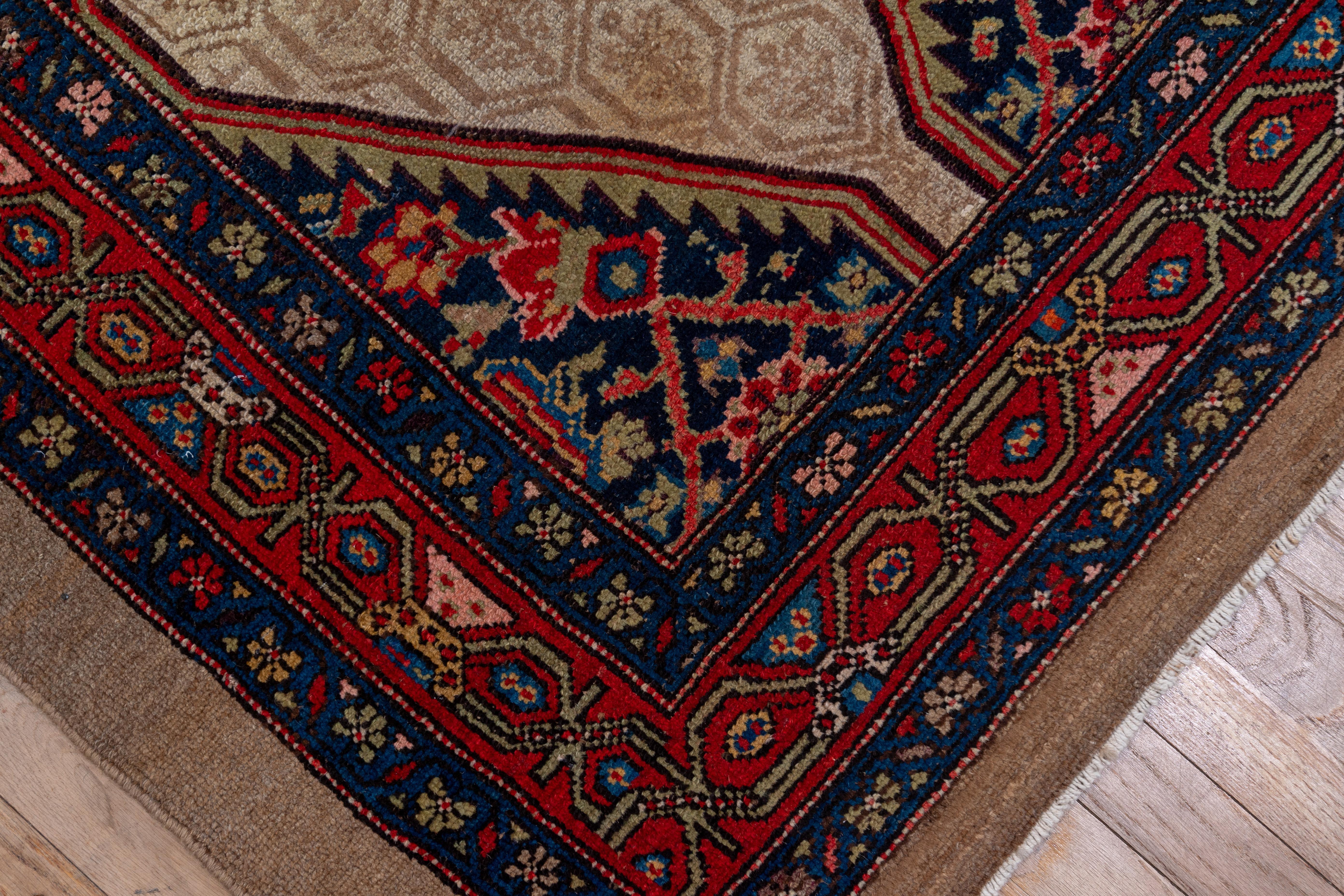 Hand-Knotted Antique Persian Camel Hair Hamadan Runner, circa 1910s, Blue & Red Palette For Sale