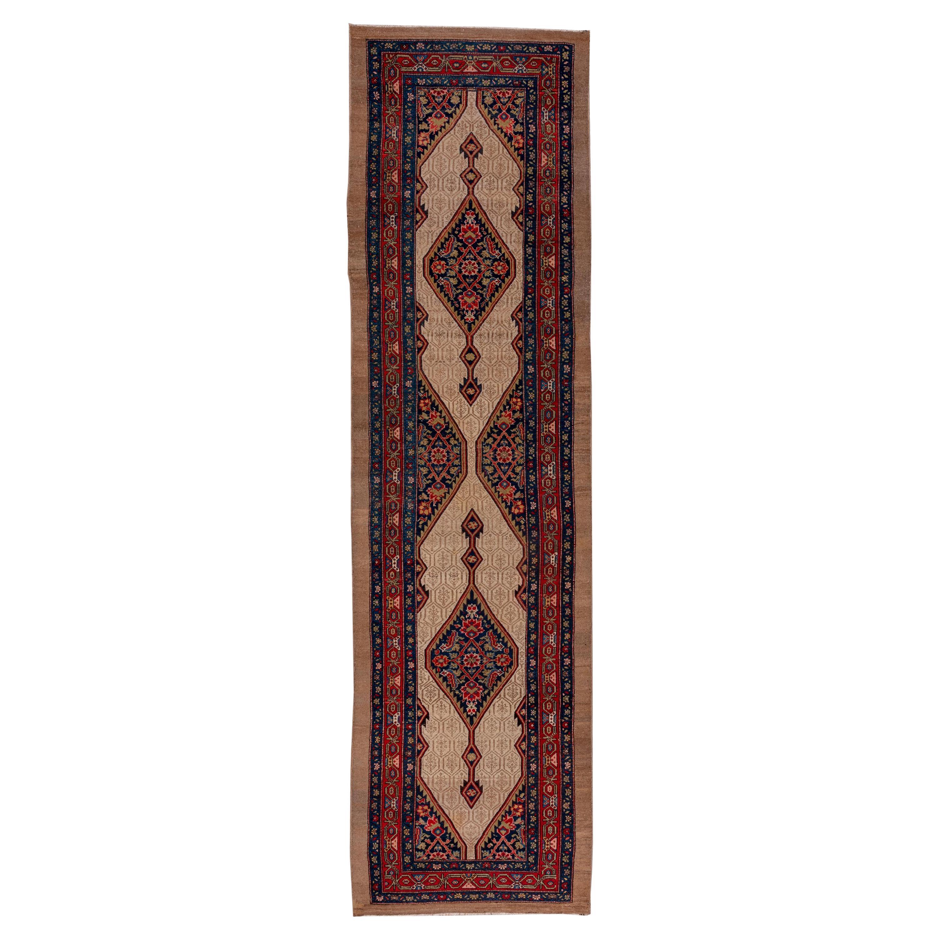 Antique Persian Camel Hair Hamadan Runner, circa 1910s, Blue & Red Palette For Sale