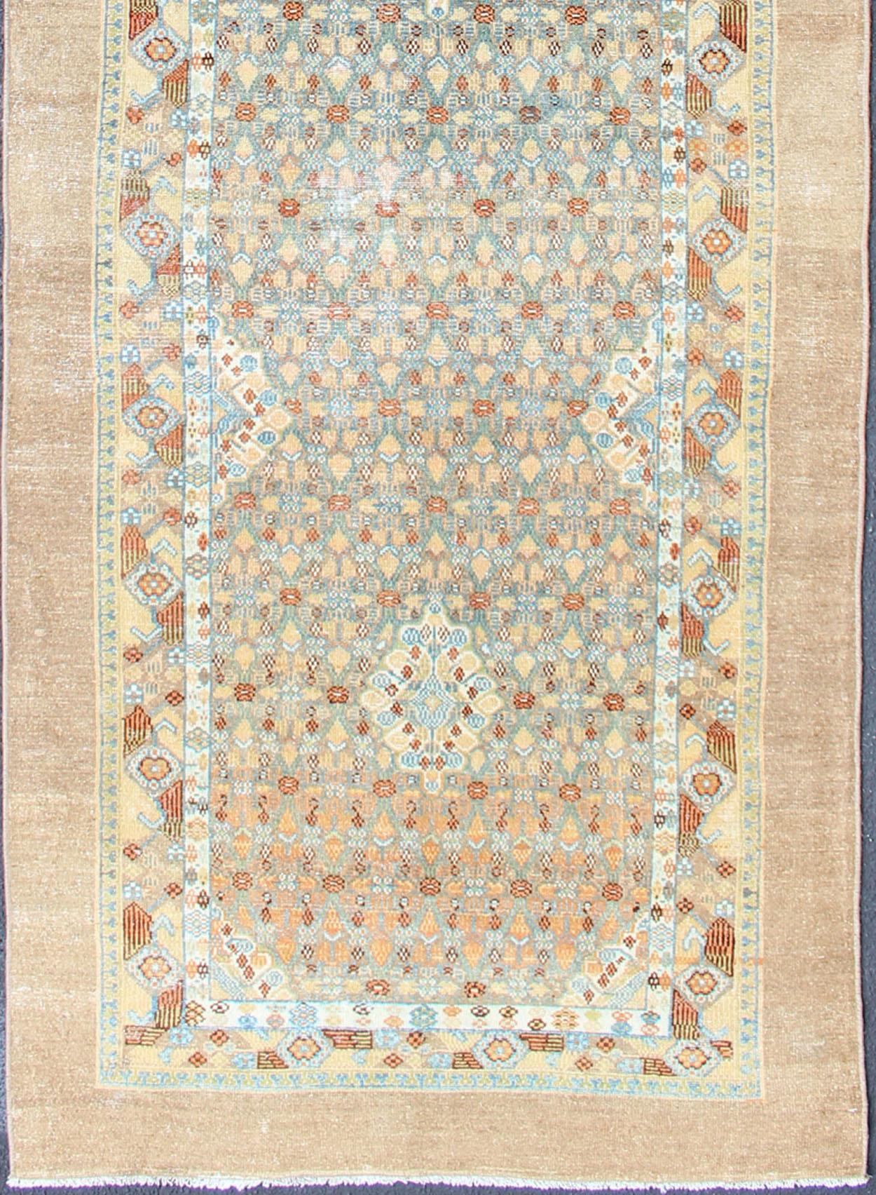 Malayer Antique Persian Camel Hair Serab Runner with Geometric Design in Light Colors For Sale