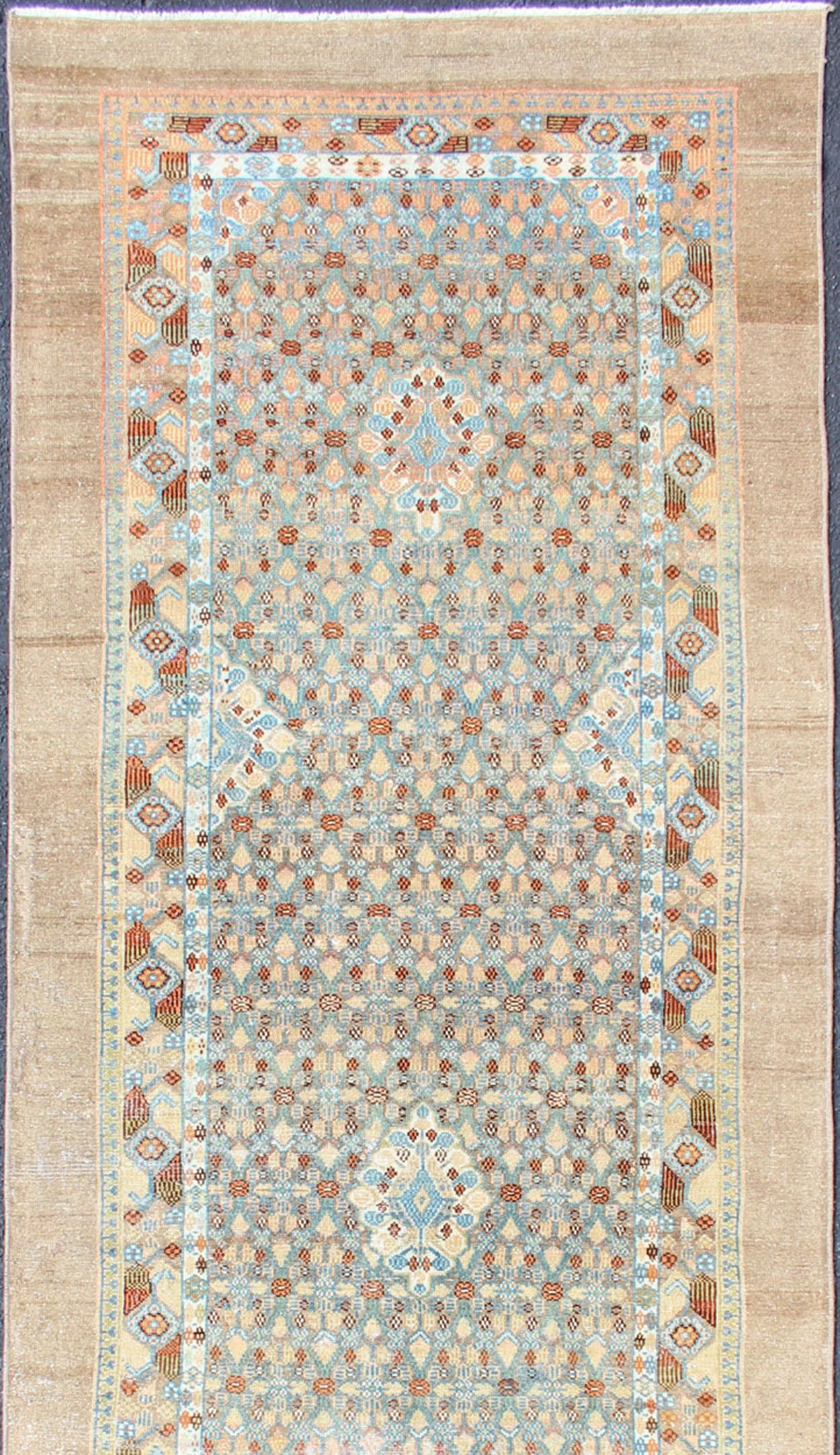 Hand-Knotted Antique Persian Camel Hair Serab Runner with Geometric Design in Light Colors For Sale