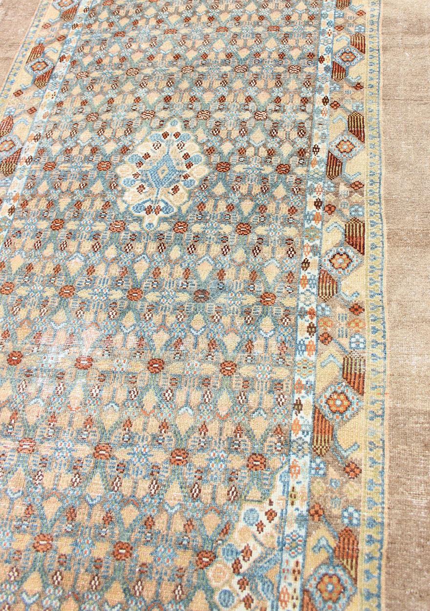 Wool Antique Persian Camel Hair Serab Runner with Geometric Design in Light Colors For Sale