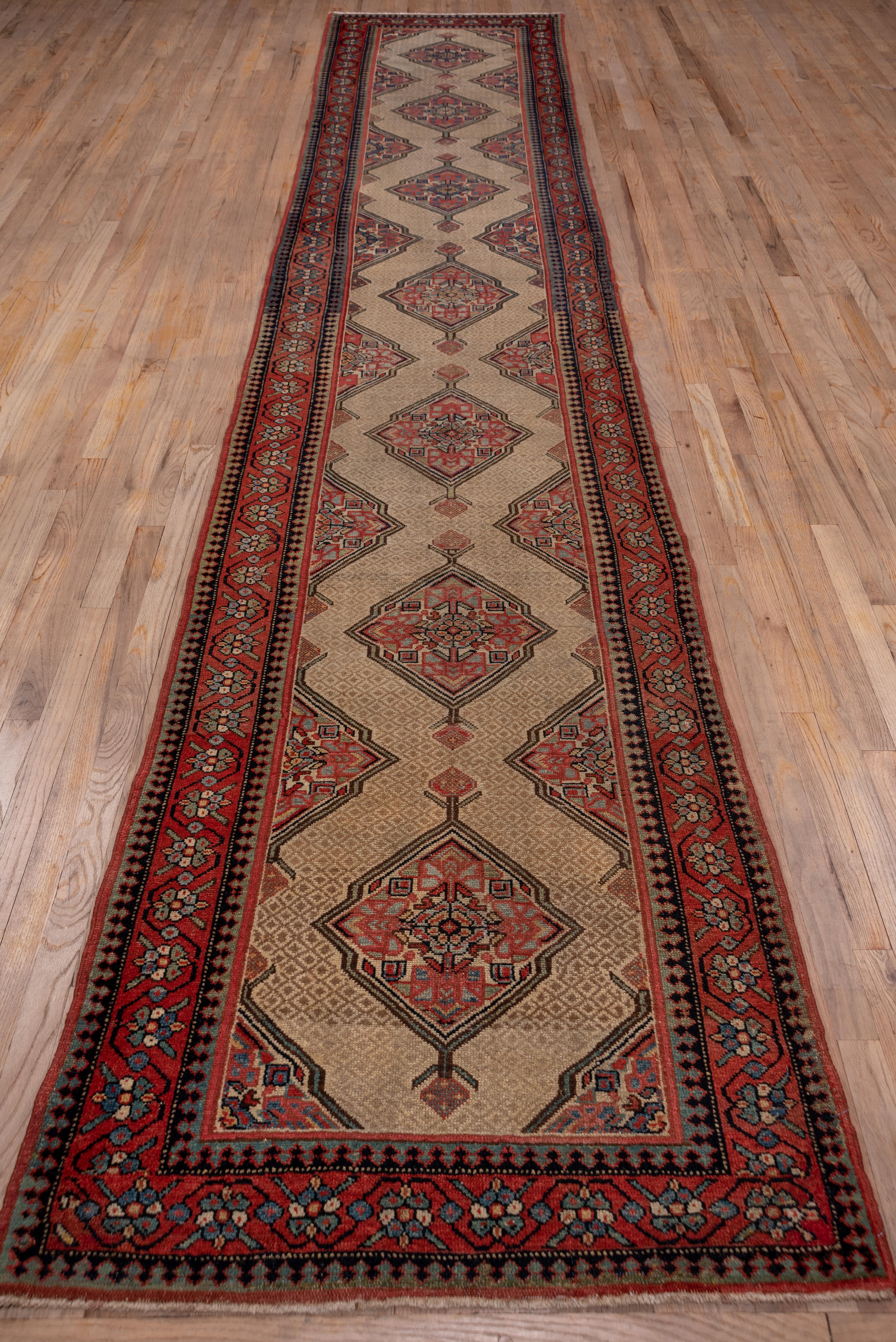 Hand-Knotted Antique Persian Camel Hamadan Long Runner, Red Borders, Circa 1920s For Sale