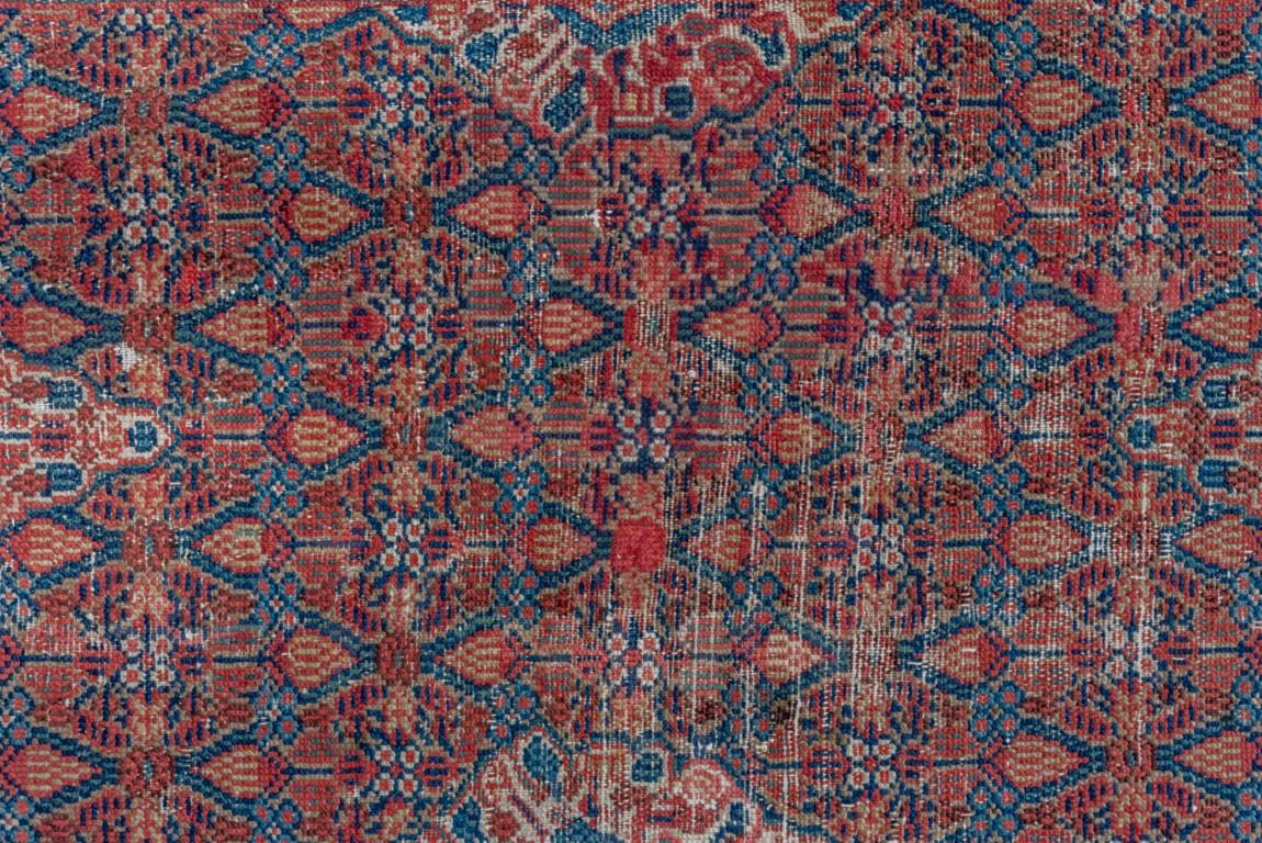 Antique Persian Camel Hamadan Narrow Runner, Red & Blue Palette, circa 1910s In Fair Condition For Sale In New York, NY