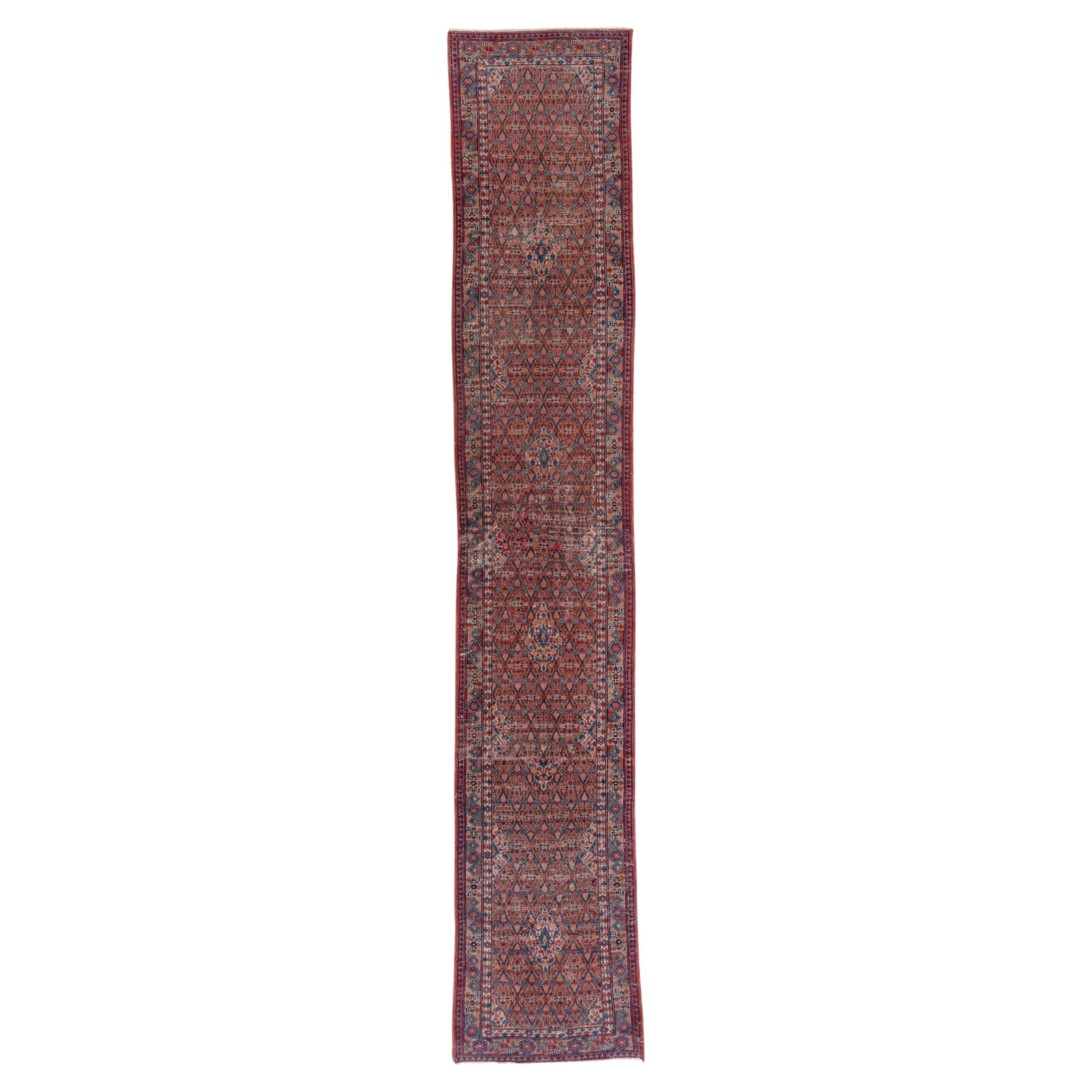 Antico runner persiano di cammello Hamadan, tavolozza rossa e blu, circa 1910