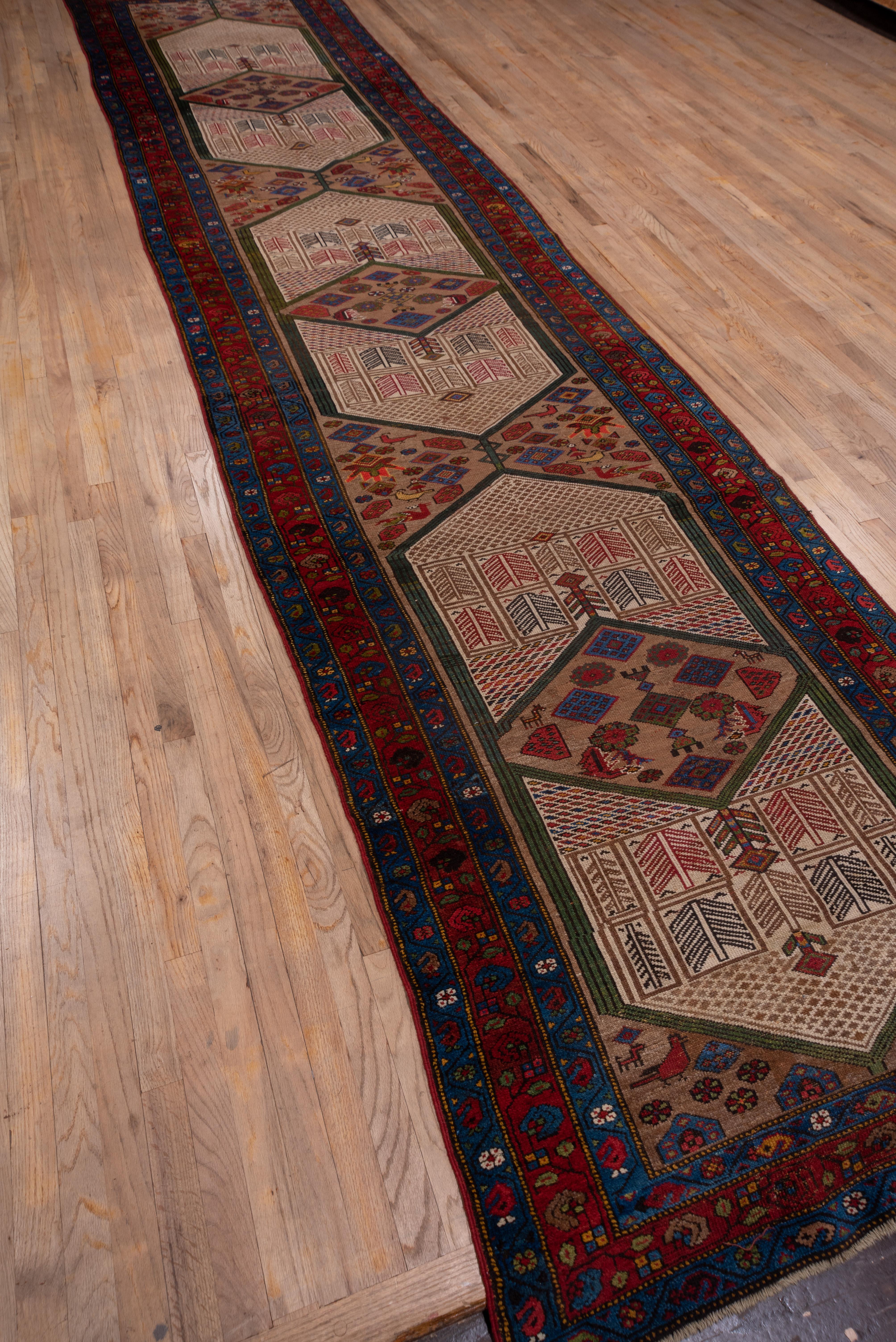Tribal Antique Persian Camel Hamadan Wide Runner with Bold Colors, Circa 1910s For Sale