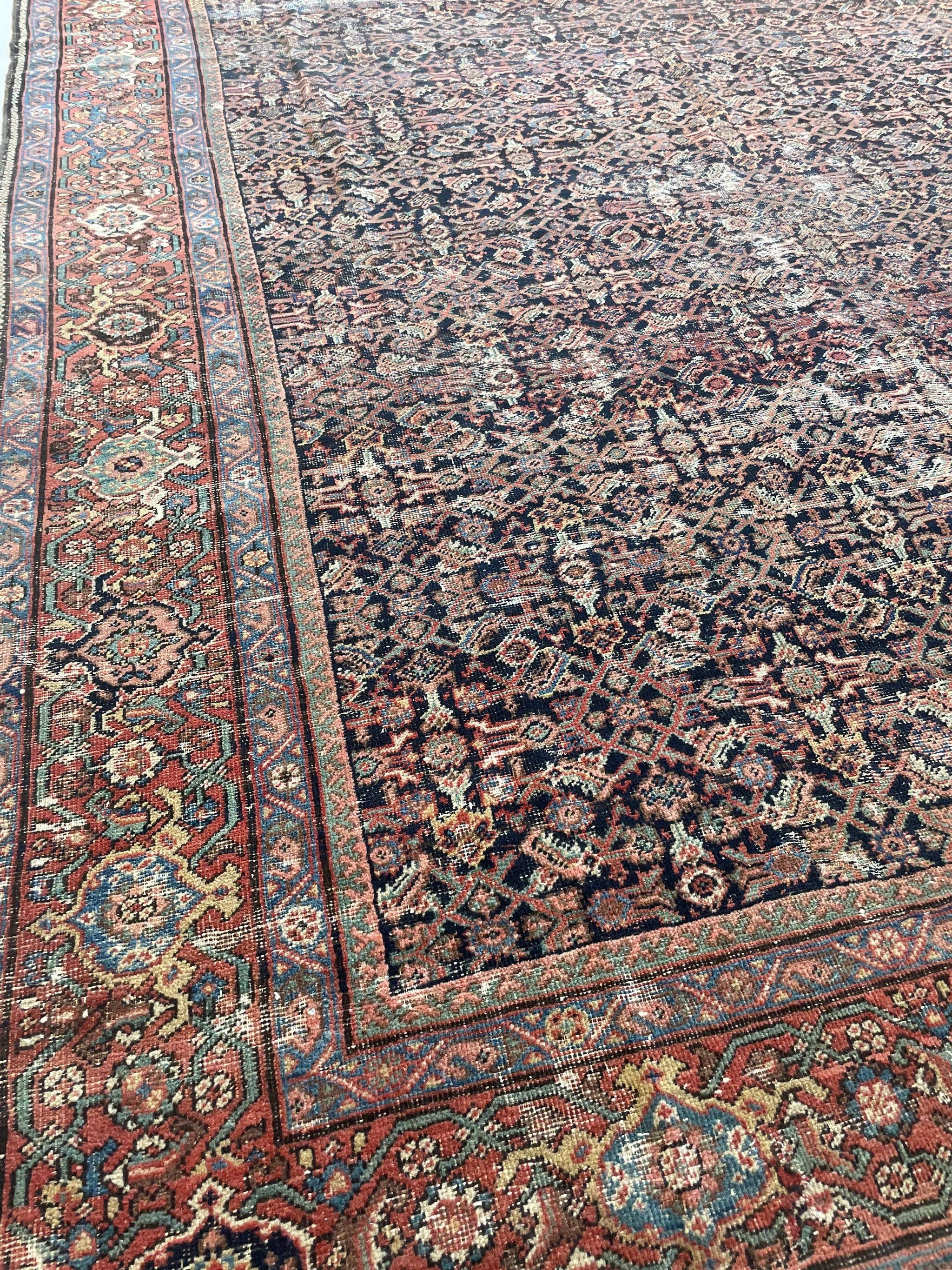 Genuine Antique Persian Carpet - Very Moody & Deep Old-World Indigo Feraghan-Mahal With Green, Rust, Honey.

About: This piece is very tricky to photograph because it is jam packed with so many colors and they all shift and sway like grass in the