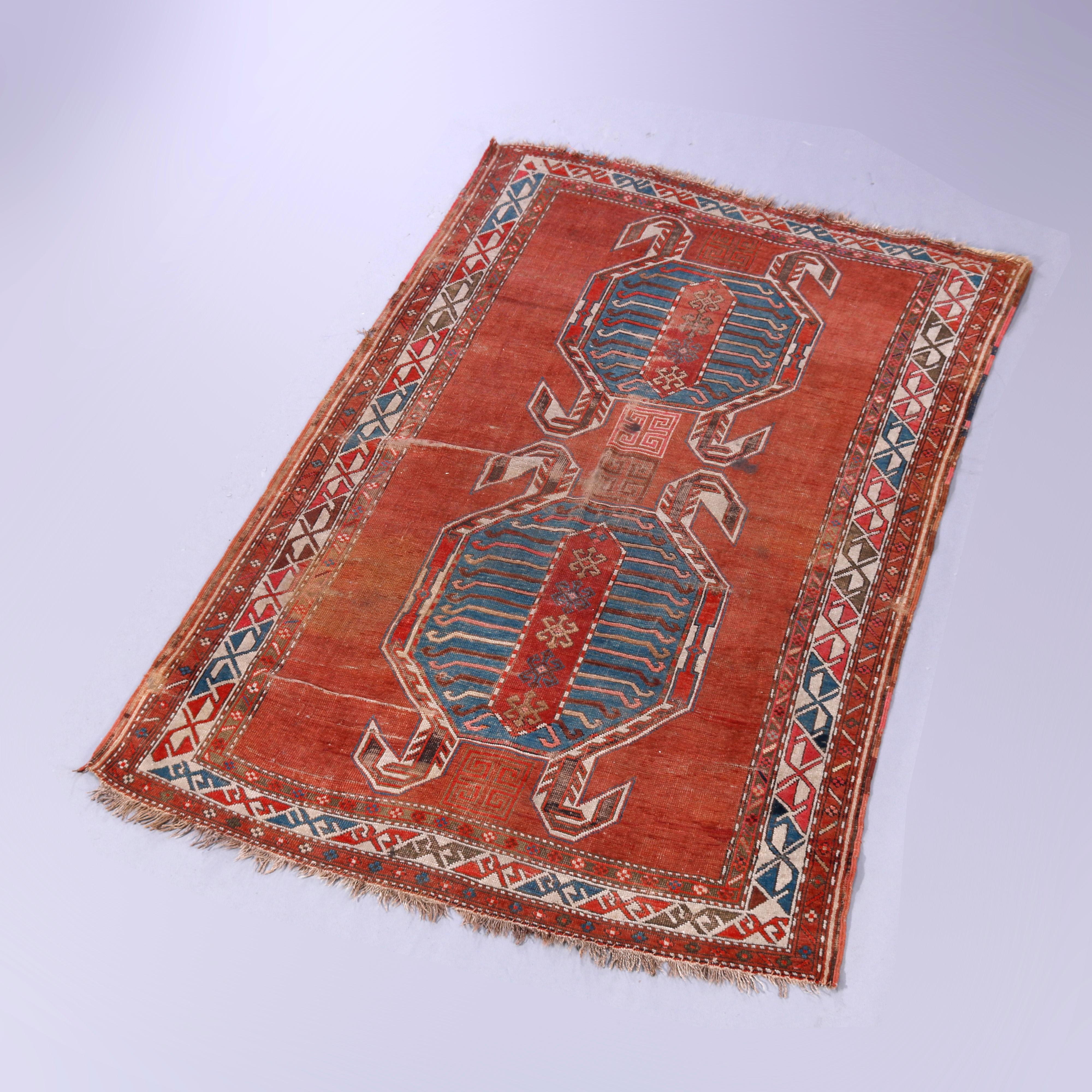 Antique Persian Caucasian Lenkoran Wool Figural Oriental Turtle Rug, Circa 1900 5