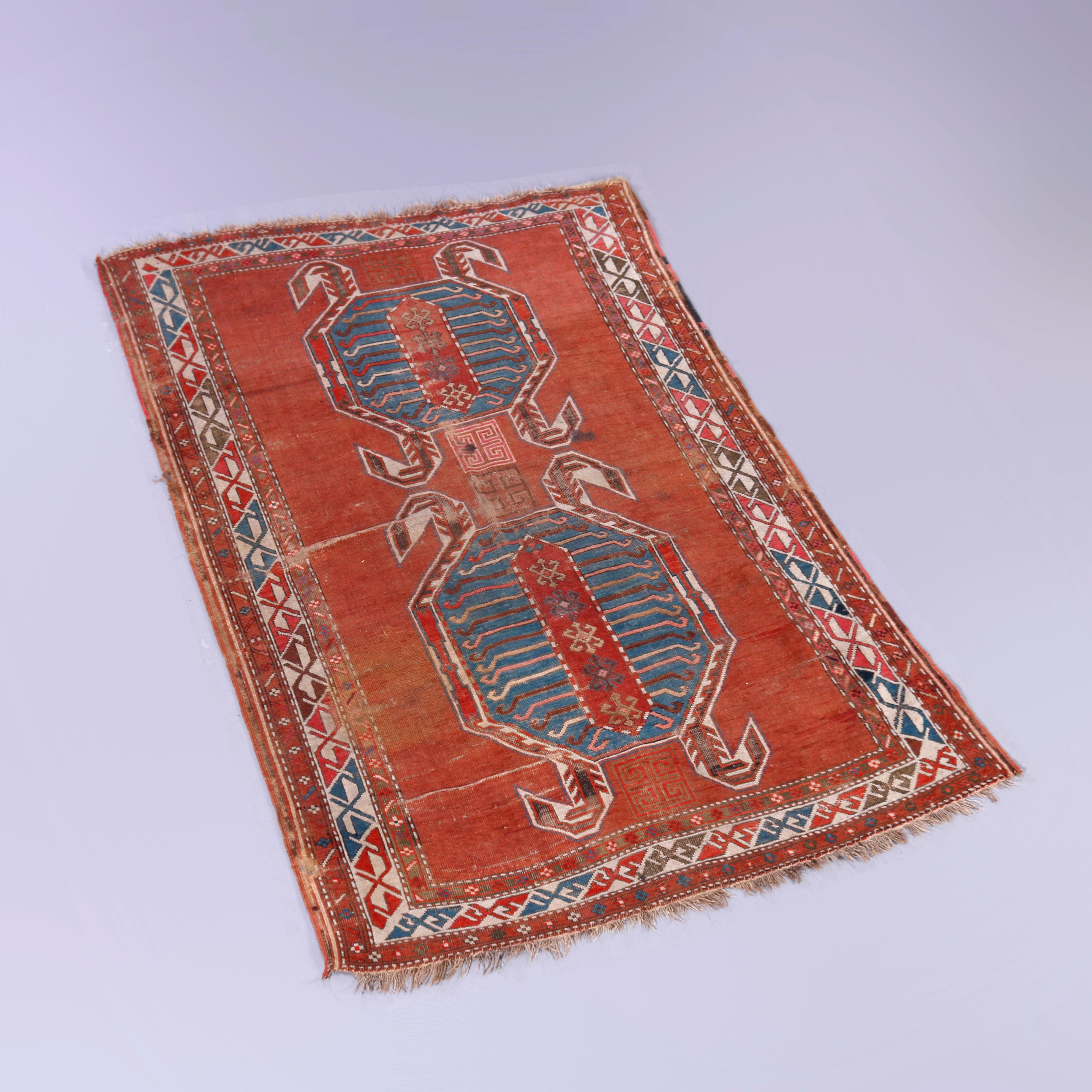 Antique Persian Caucasian Lenkoran Wool Figural Oriental Turtle Rug, Circa 1900 6