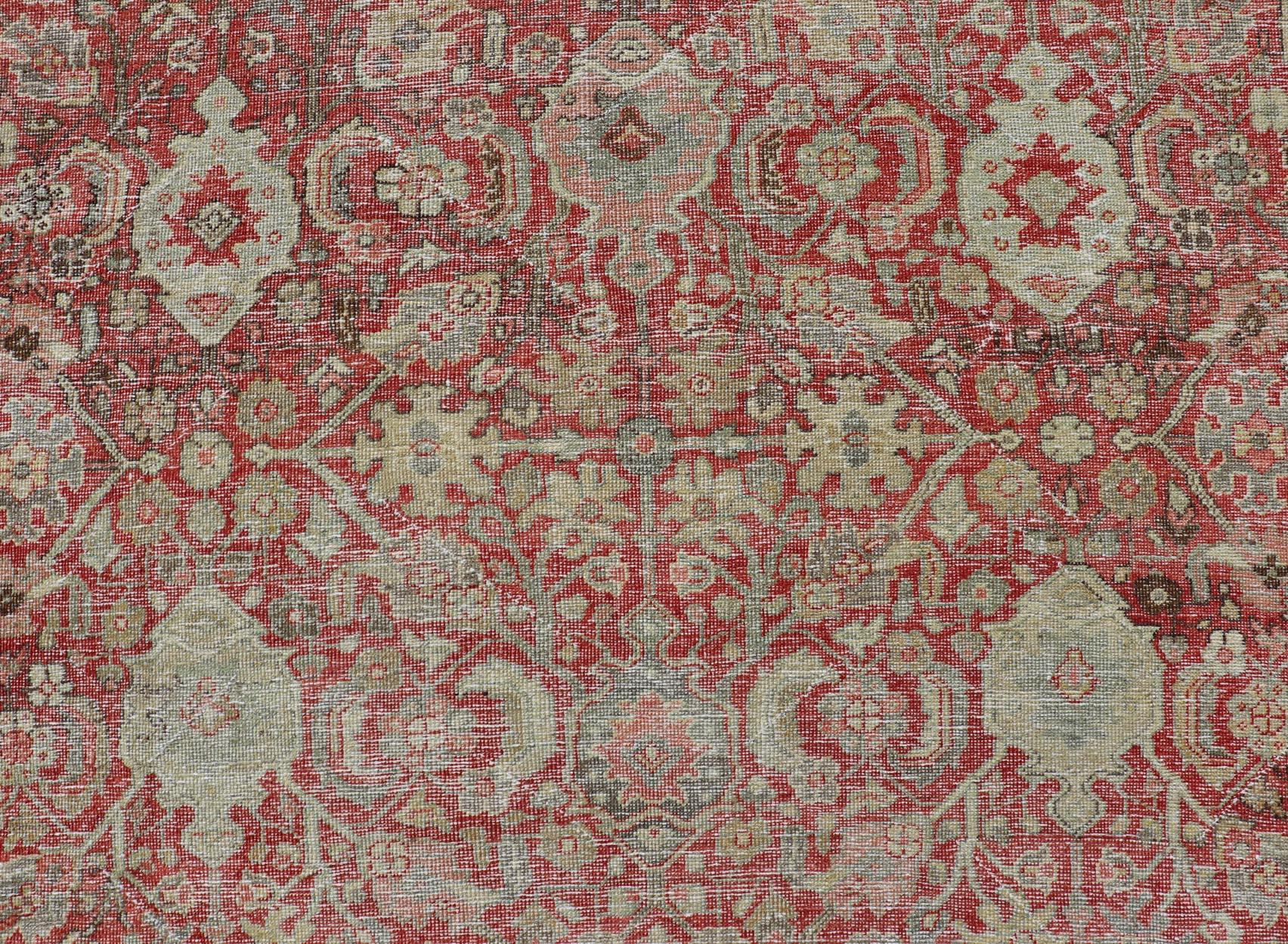Antique Persian Colorful Mahal Rug with All over Floral Design on a Red Field  For Sale 4