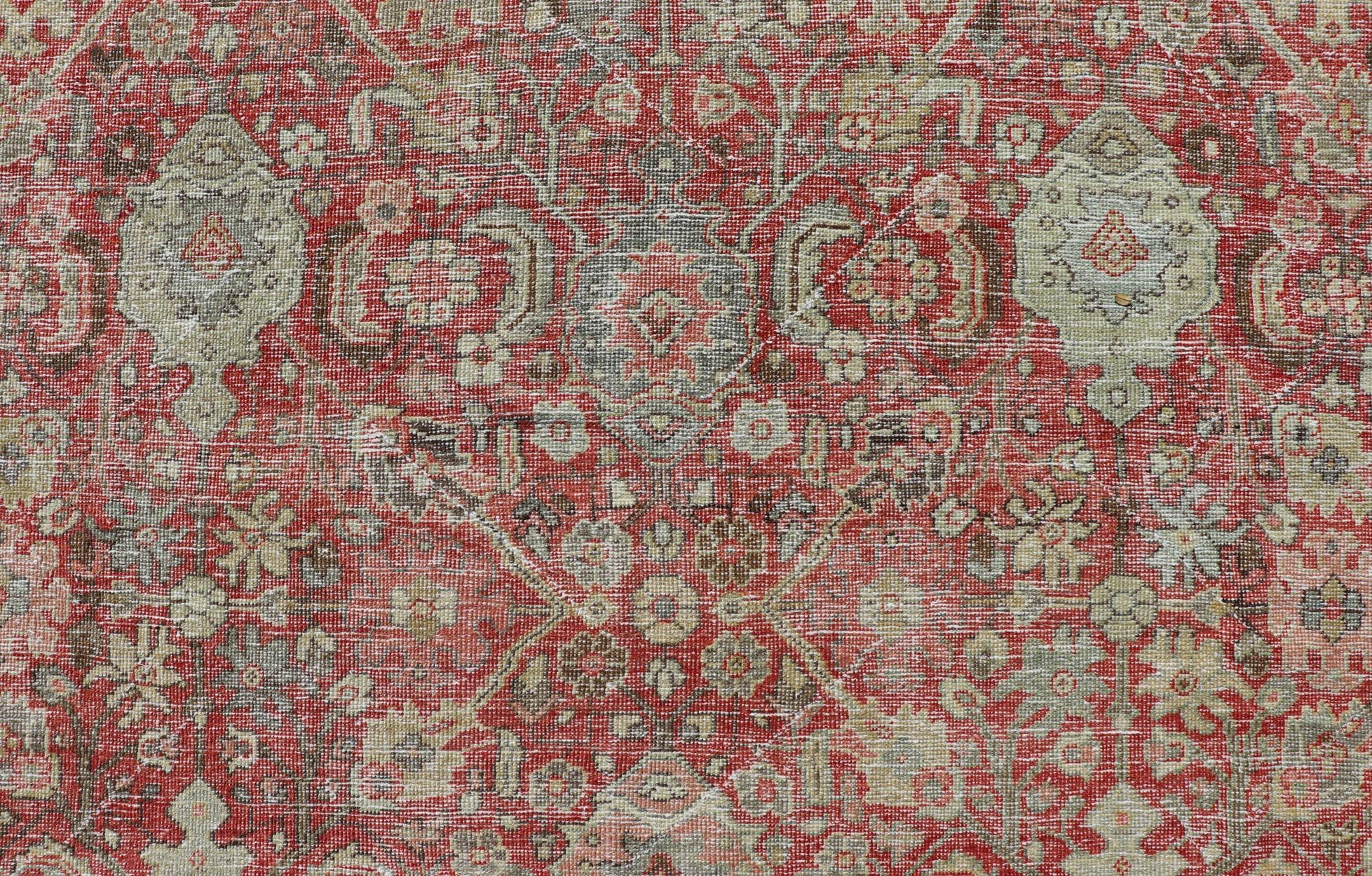 Antique Persian Colorful Mahal Rug with All over Floral Design on a Red Field  For Sale 5