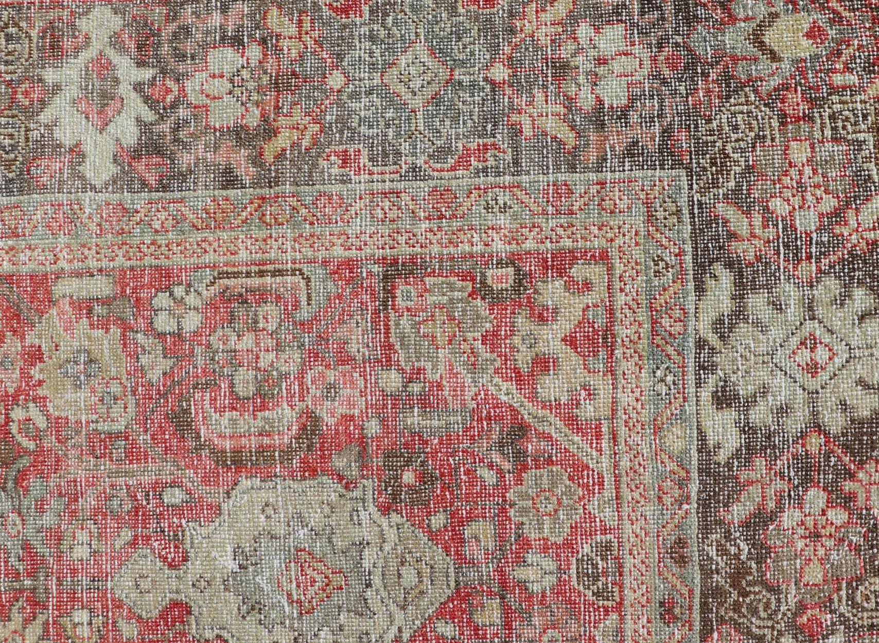Antique Persian Colorful Mahal Rug with All over Floral Design on a Red Field  For Sale 6