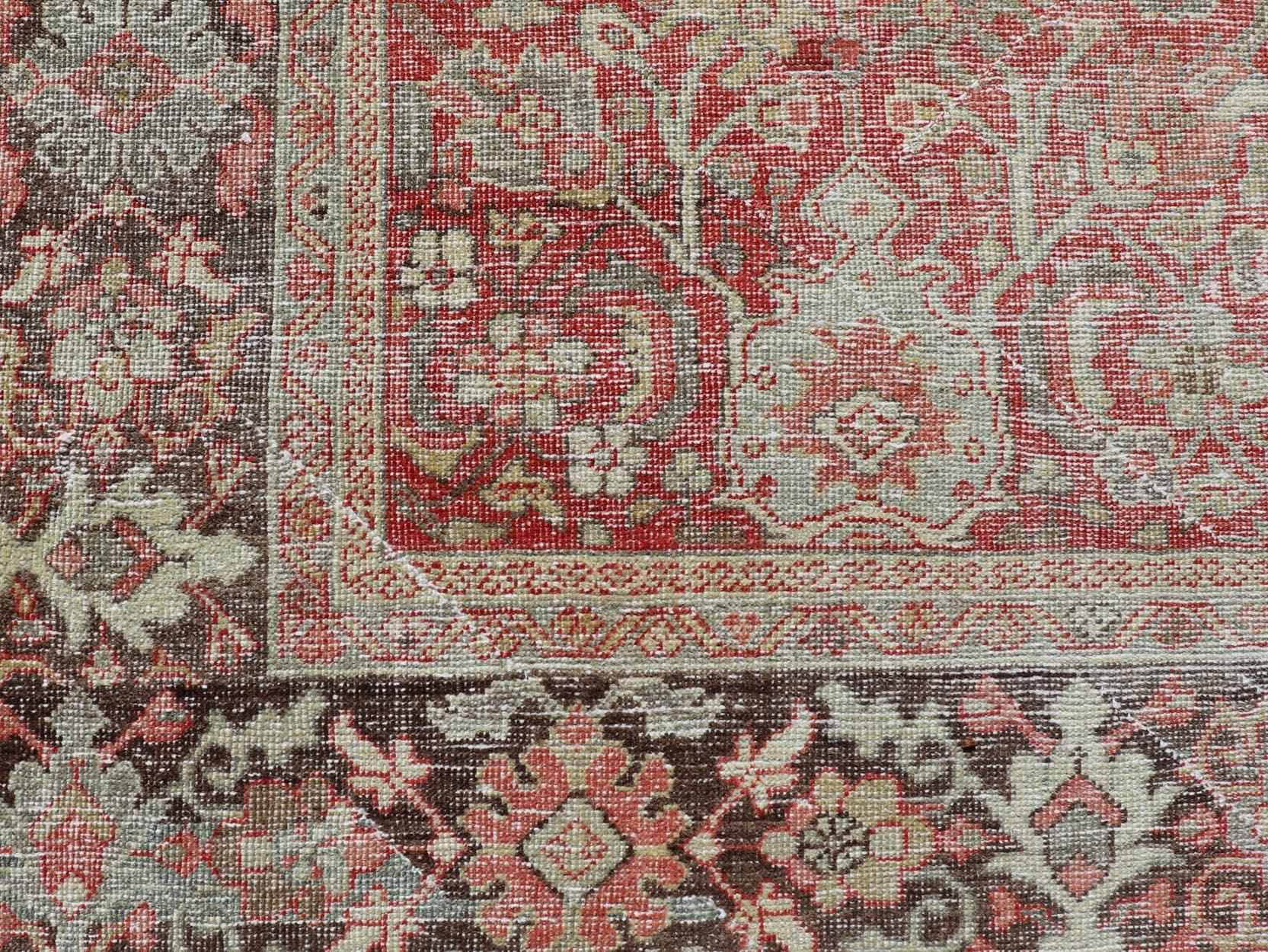 Sultanabad Antique Persian Colorful Mahal Rug with All over Floral Design on a Red Field  For Sale