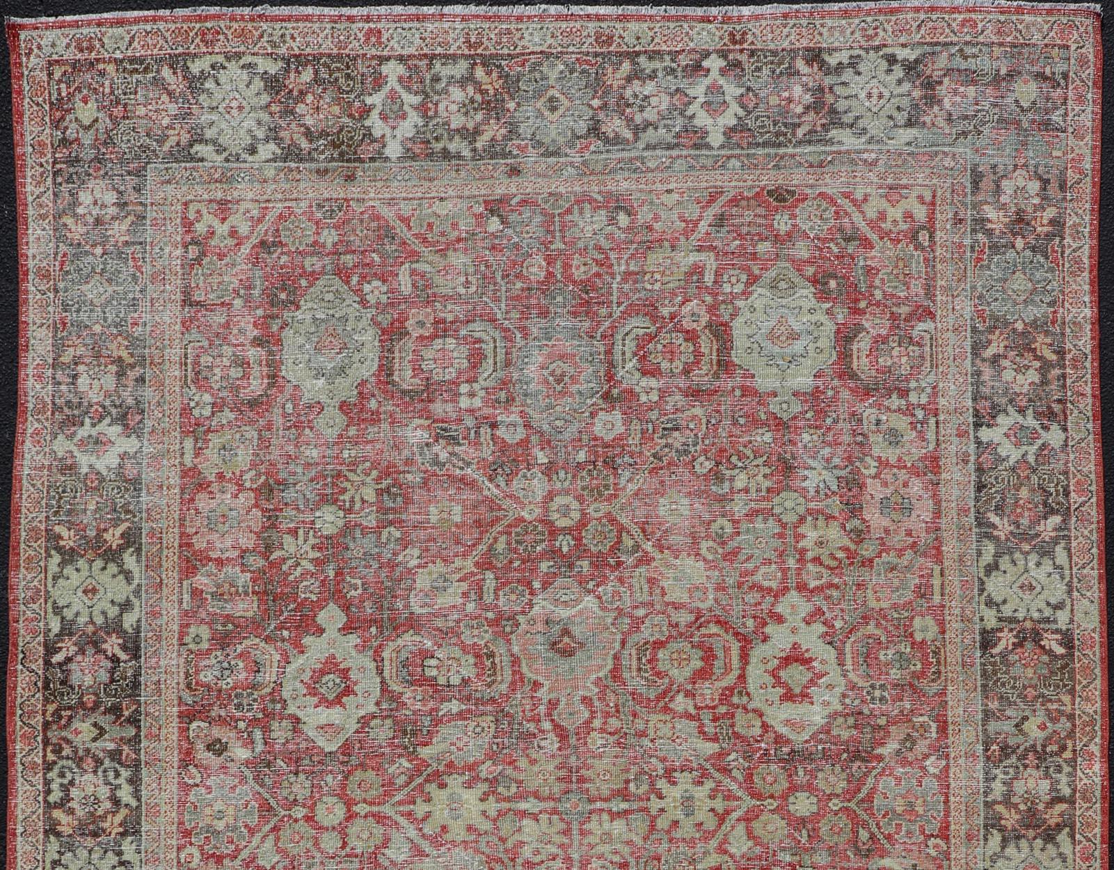 Antique Persian Colorful Mahal Rug with All over Floral Design on a Red Field  In Good Condition For Sale In Atlanta, GA