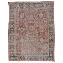 Antiker persischer farbenfroher Mahal-Teppich mit Blumenmuster auf einem roten Feld