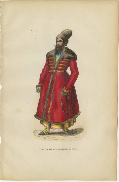 Antique Persian Costume Prints, Hand-Colored Orientalist Lithographs, 1852