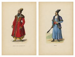Antique Persian Costume Prints, Hand-Colored Orientalist Lithographs, 1852