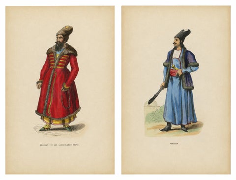 Antique Persian Costume Prints, Hand-Colored Orientalist Lithographs, 1852