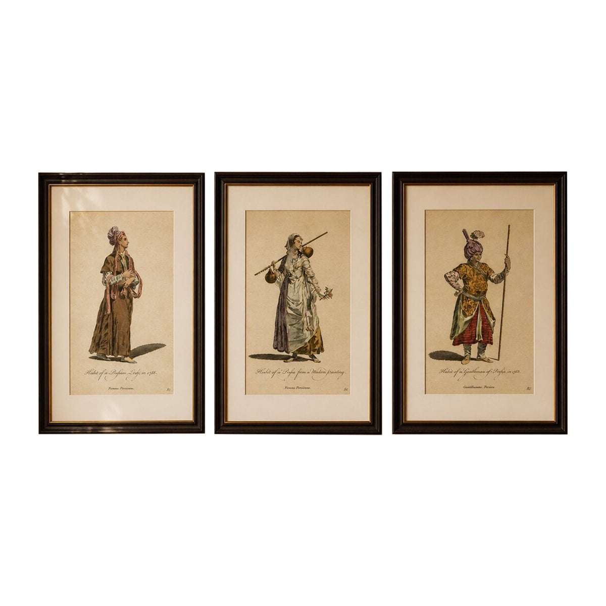 Antique Persian Costume Prints Set of 3, Hand-Colored Engravings, 1749