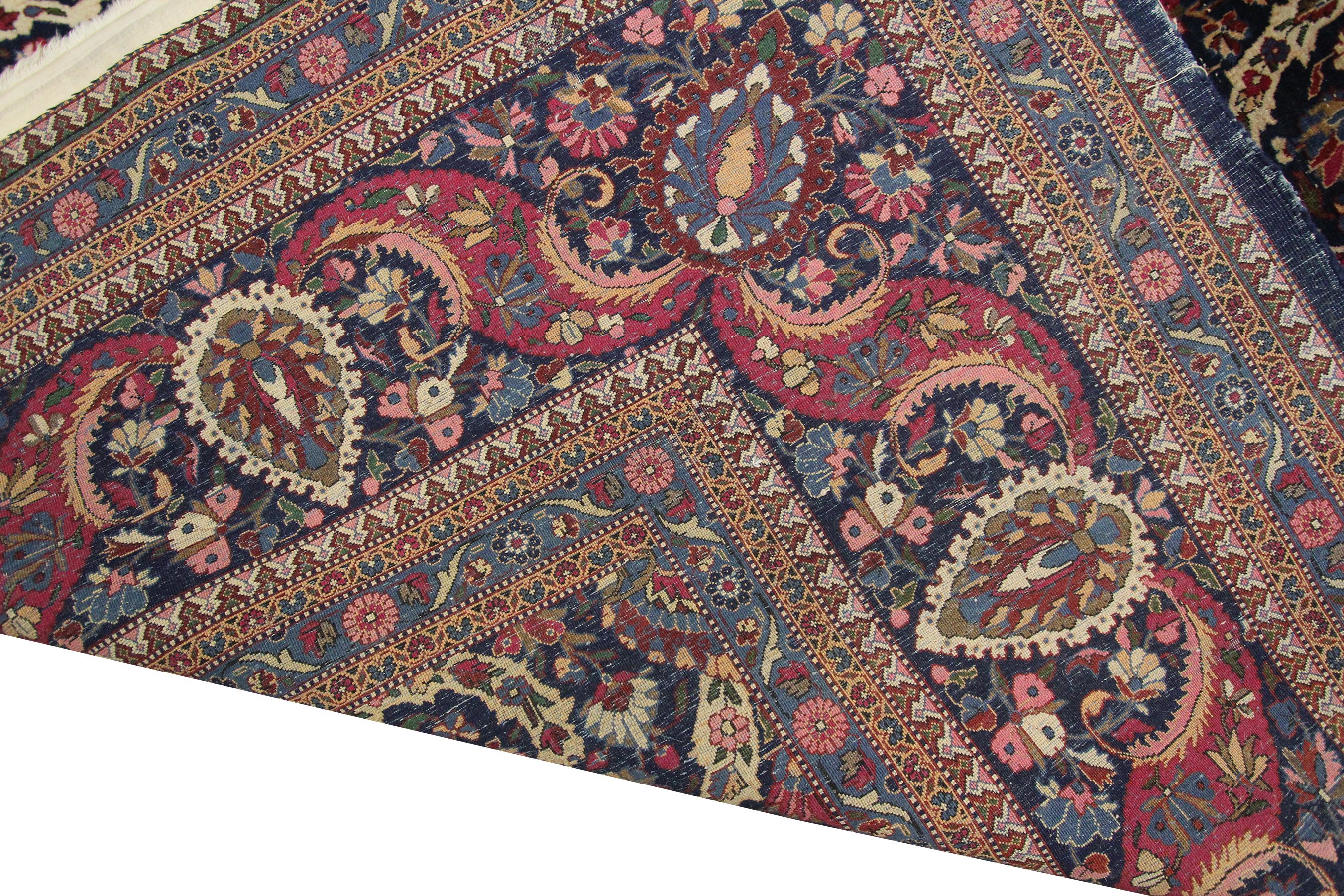 Antique Persian Dabir Kashan Rug Kork Wool Geometric Overall 11x14 Blue For Sale 6