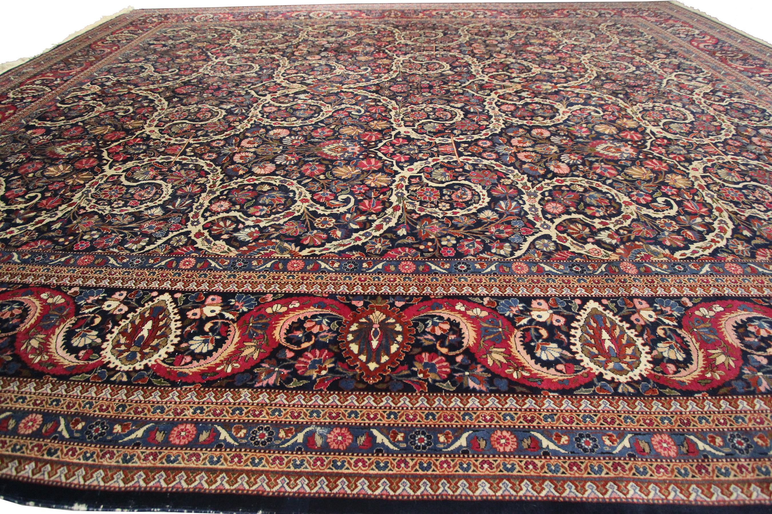Noué à la main Tapis persan ancien Dabir Kashan Kork laine géométrique 11 x 14 cm bleu en vente