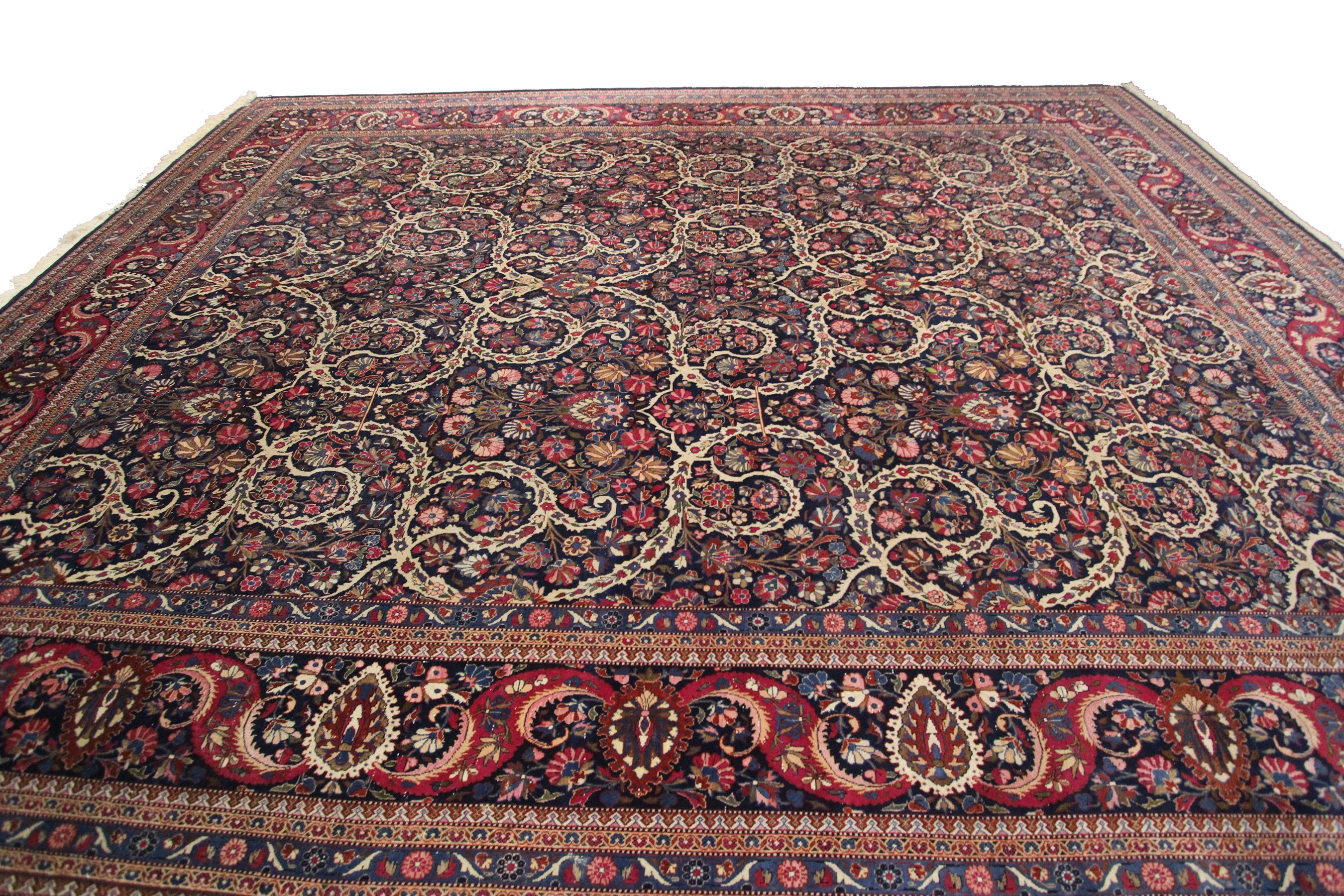 Early 20th Century Antique Persian Dabir Kashan Rug Kork Wool Geometric Overall 11x14 Blue For Sale