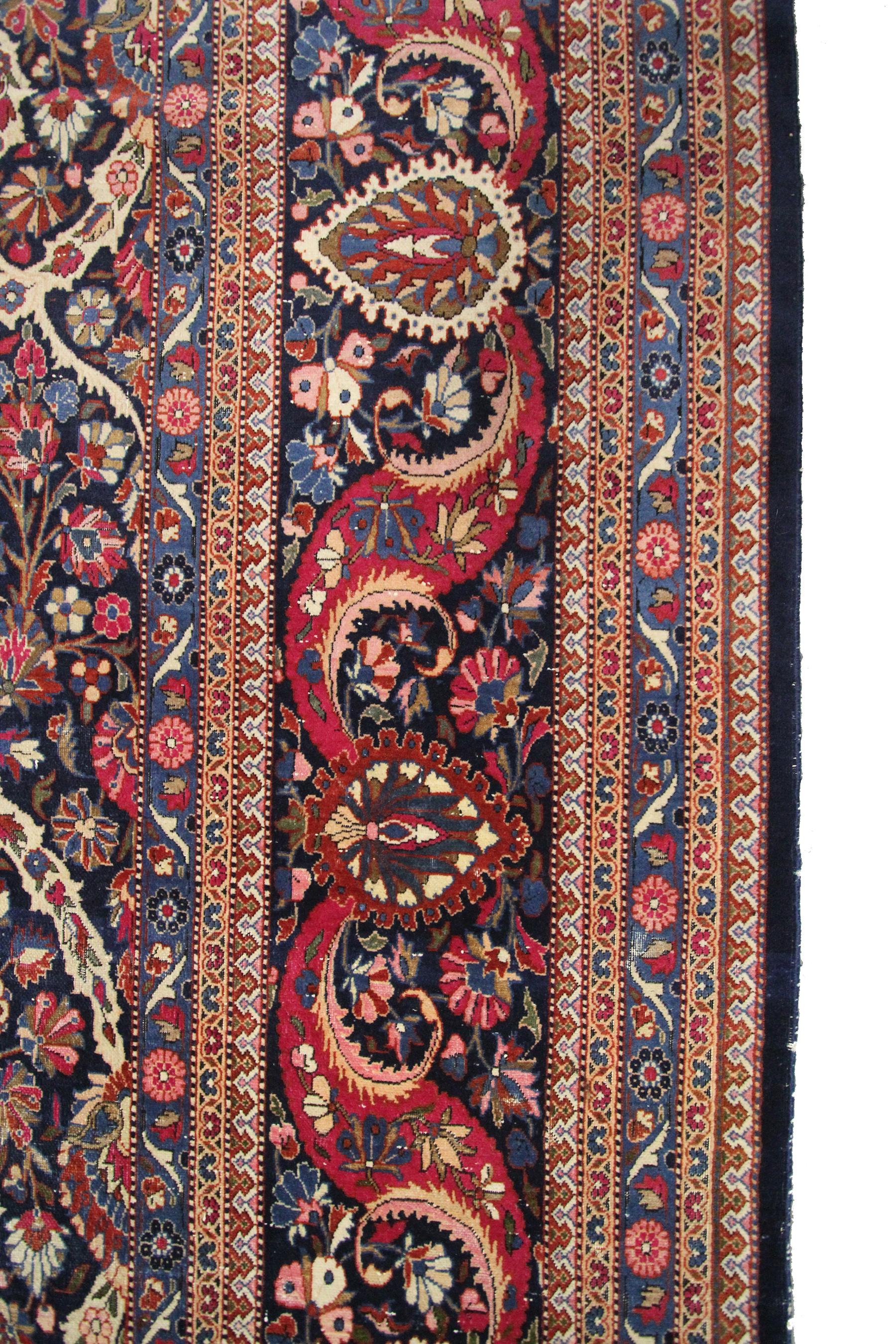 Début du 20ème siècle Tapis persan ancien Dabir Kashan Kork laine géométrique 11 x 14 cm bleu en vente