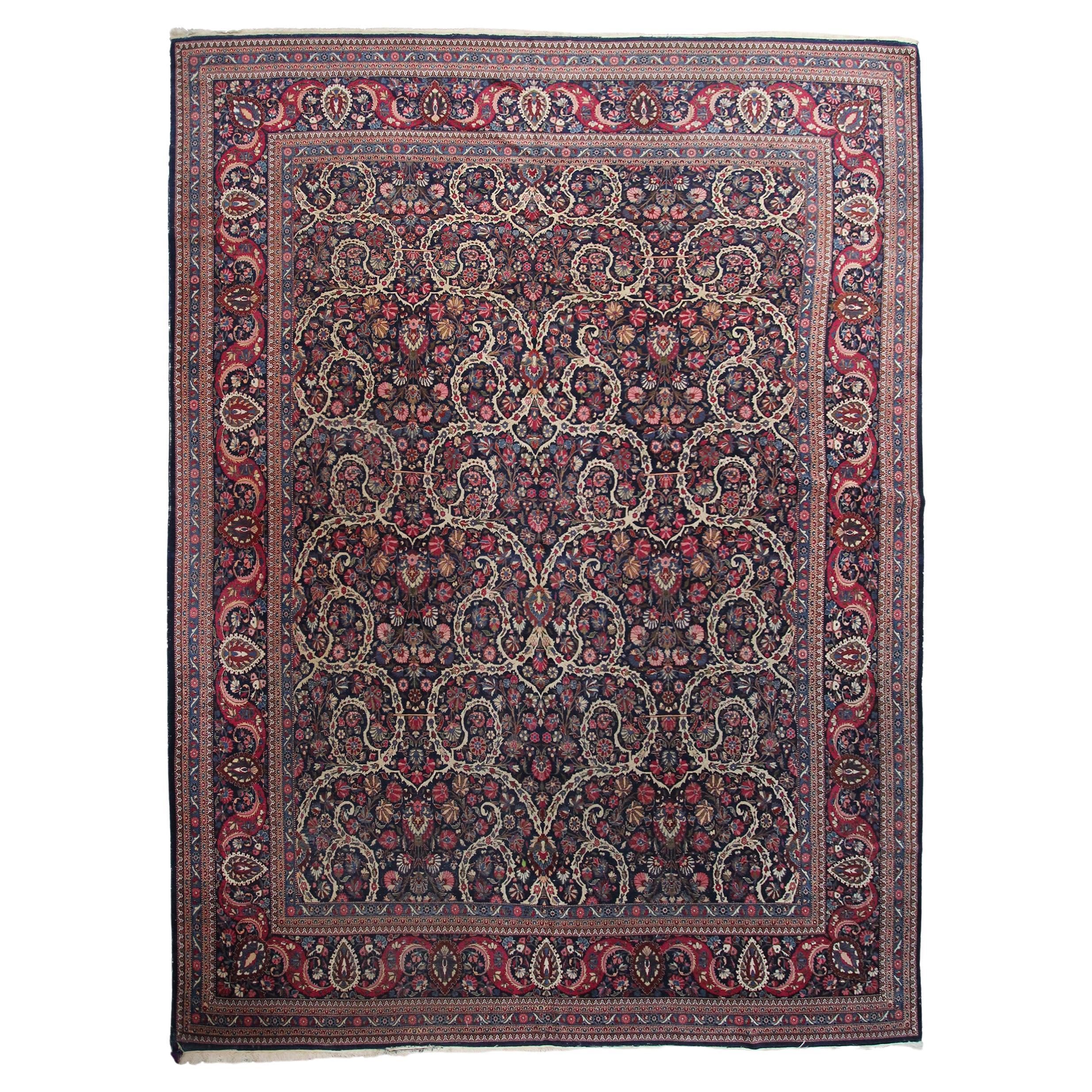 Tapis persan ancien Dabir Kashan Kork laine géométrique 11 x 14 cm bleu en vente