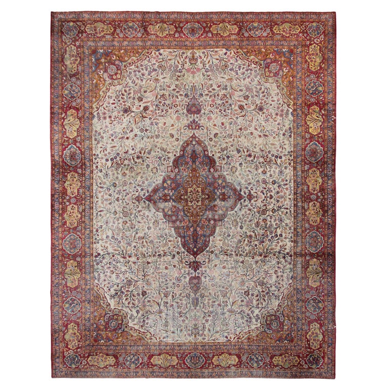 Antique Persian Dabir Kashan Rug Silk Rug Ivory Bird, 1890 For Sale at