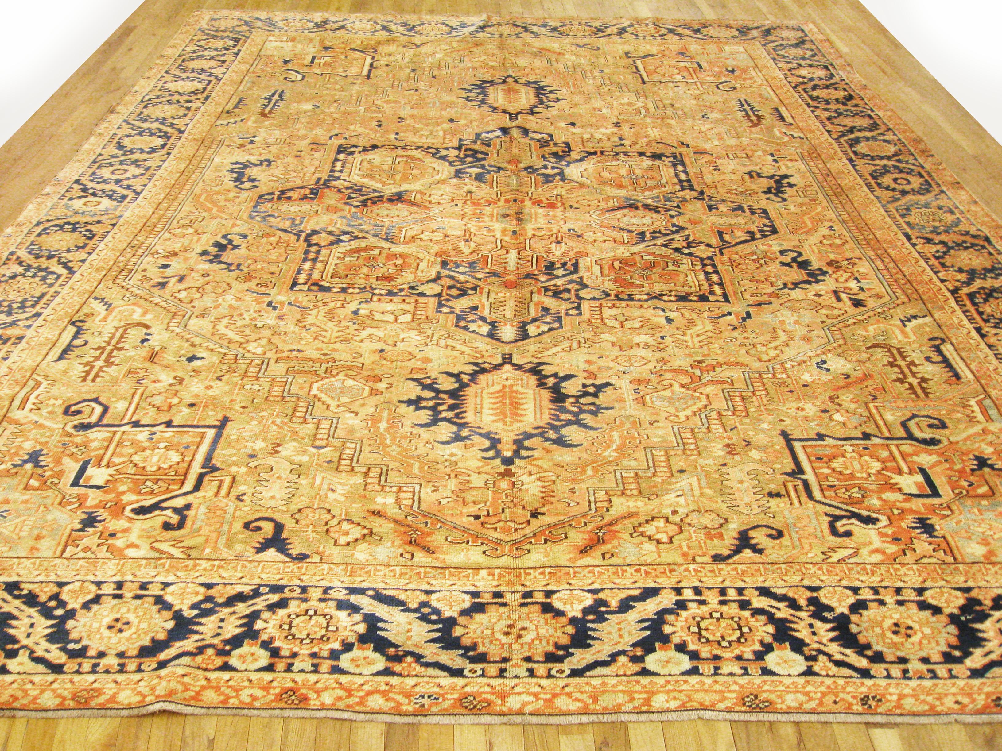 Hand-Knotted Antique Persian Decorative Oriental Heriz Rug in Large Size For Sale