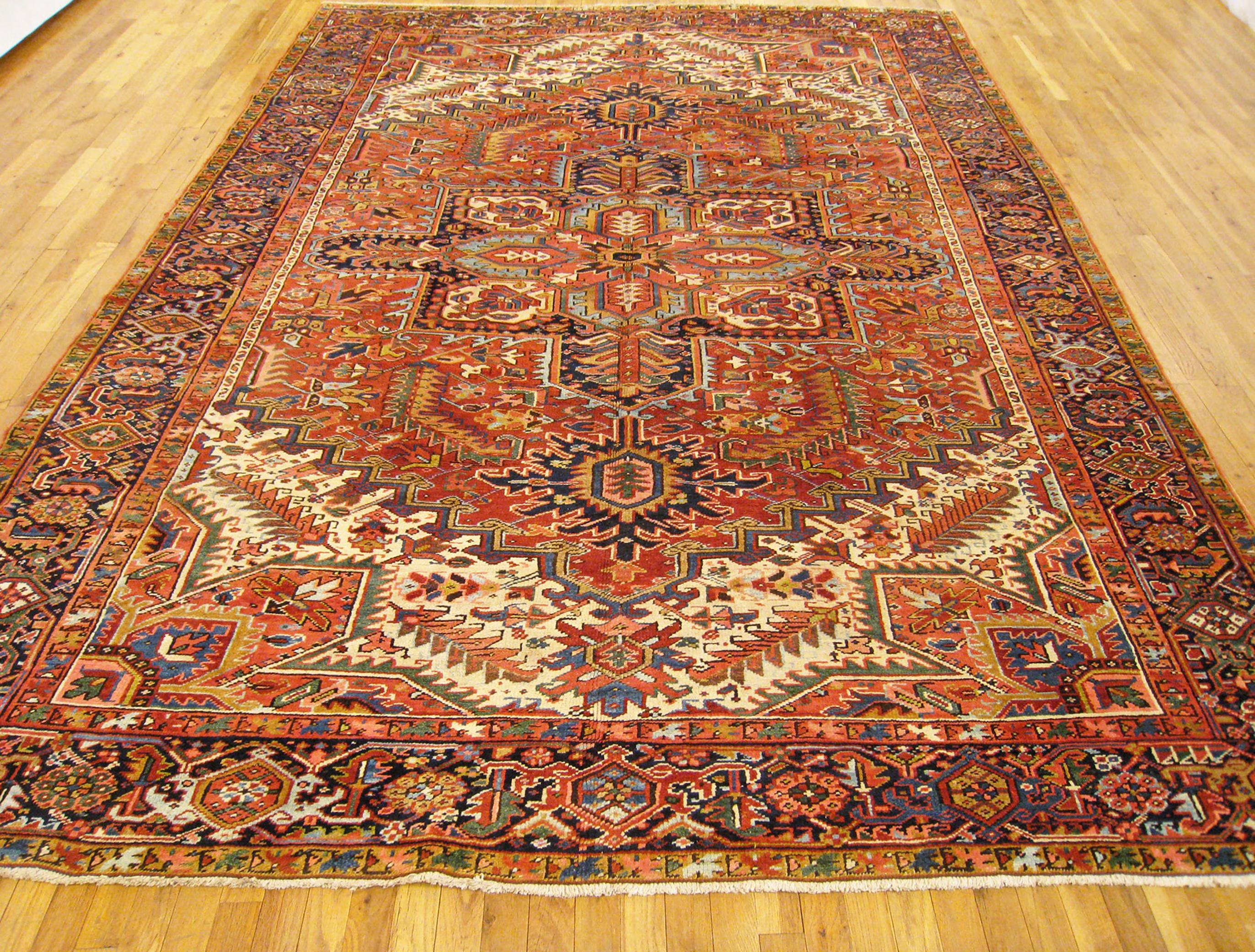 Hand-Knotted Antique Persian Decorative Oriental Heriz Rug in Room Size For Sale
