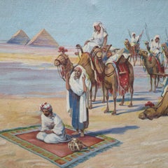 Antique Persian Desert Prayer Scene Oil on Canvas Painting, circa 1930