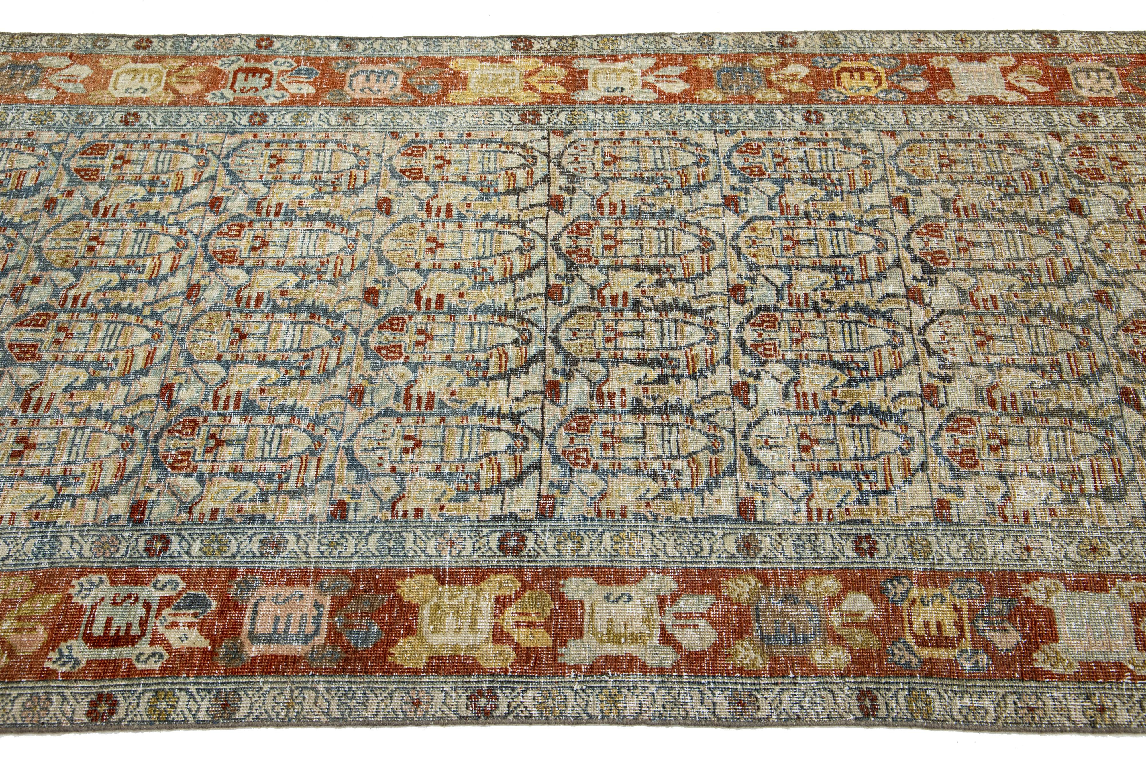 Antique Persian Designed Malayer Wool Runner In Blue In Distressed Condition For Sale In Norwalk, CT