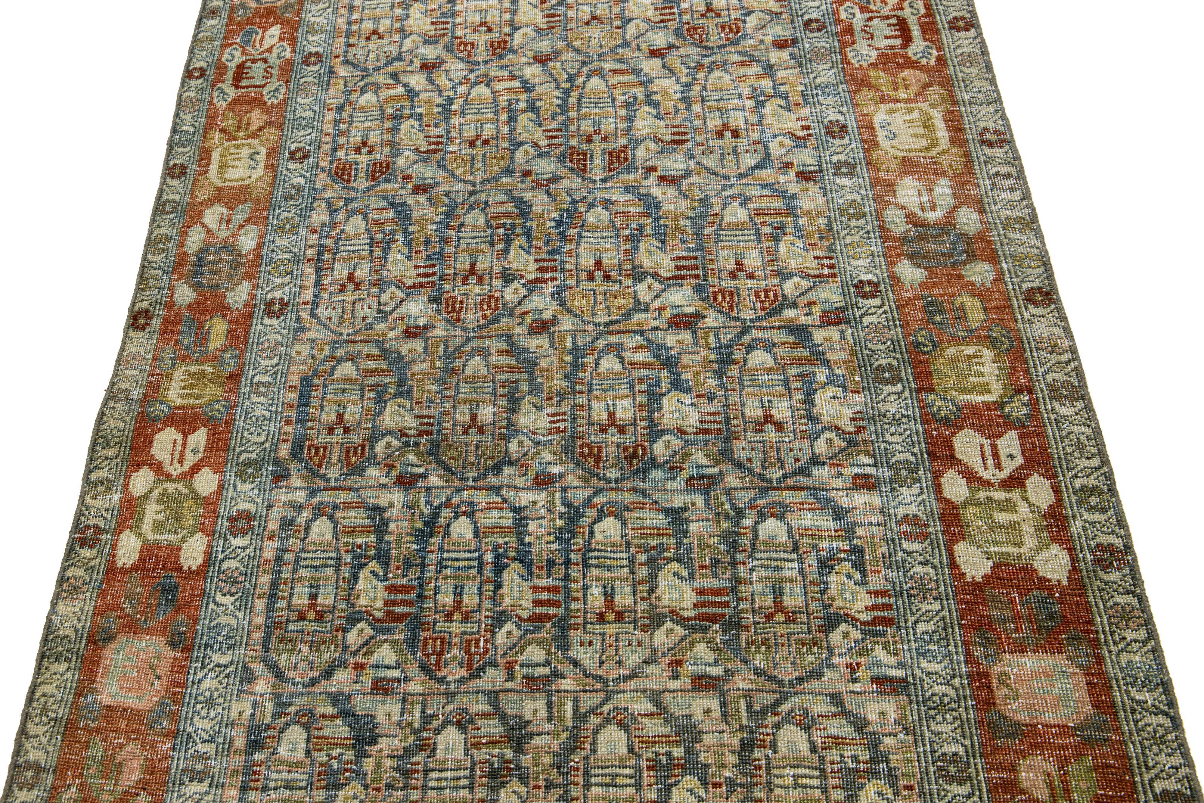 XX secolo Antico runner in lana Malayer di design persiano in blu in vendita