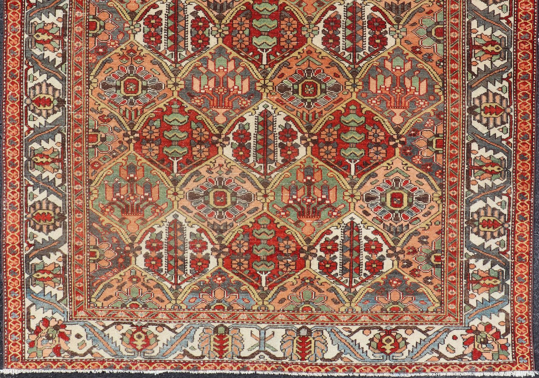 Antique Persian Diamond Garden Design Bakhtiari Rug in Multi Colors For Sale 2
