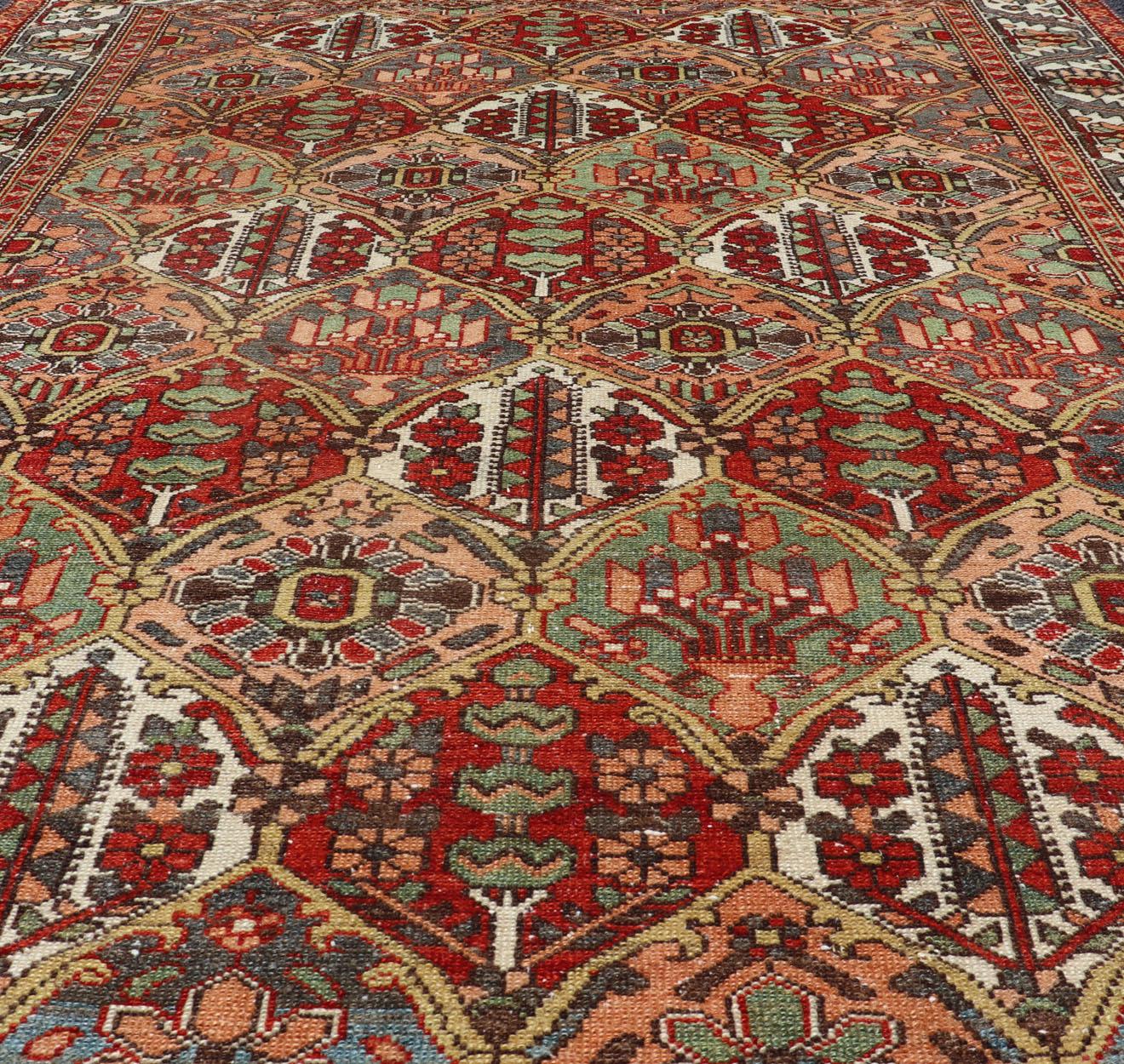 Antique Persian Diamond Garden Design Bakhtiari Rug in Multi Colors For Sale 6