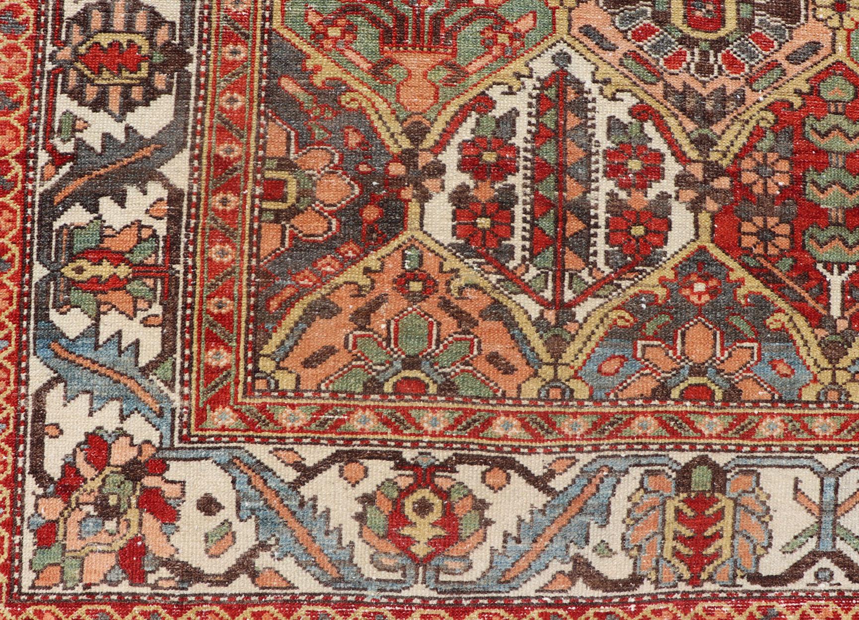 Tribal Antique Persian Diamond Garden Design Bakhtiari Rug in Multi Colors For Sale