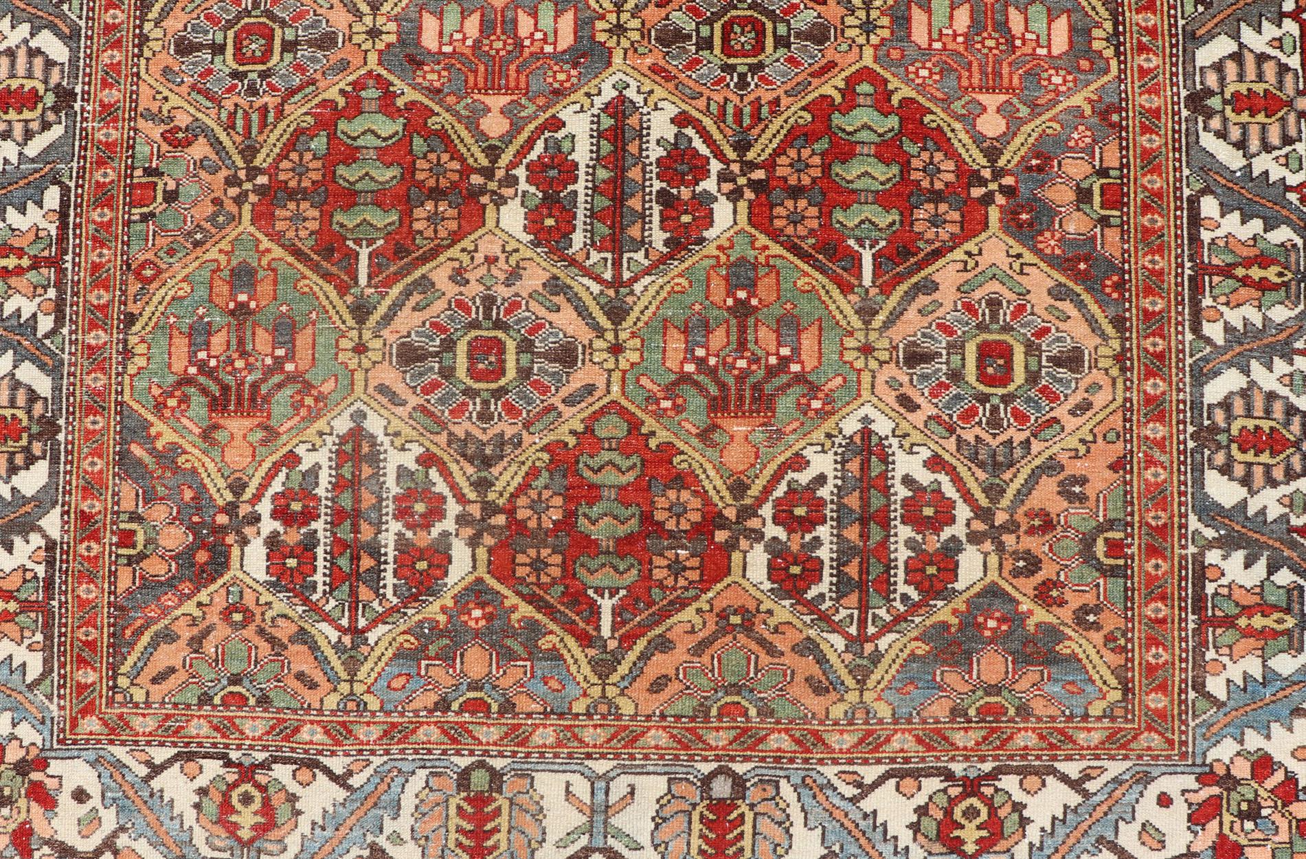 Hand-Knotted Antique Persian Diamond Garden Design Bakhtiari Rug in Multi Colors For Sale