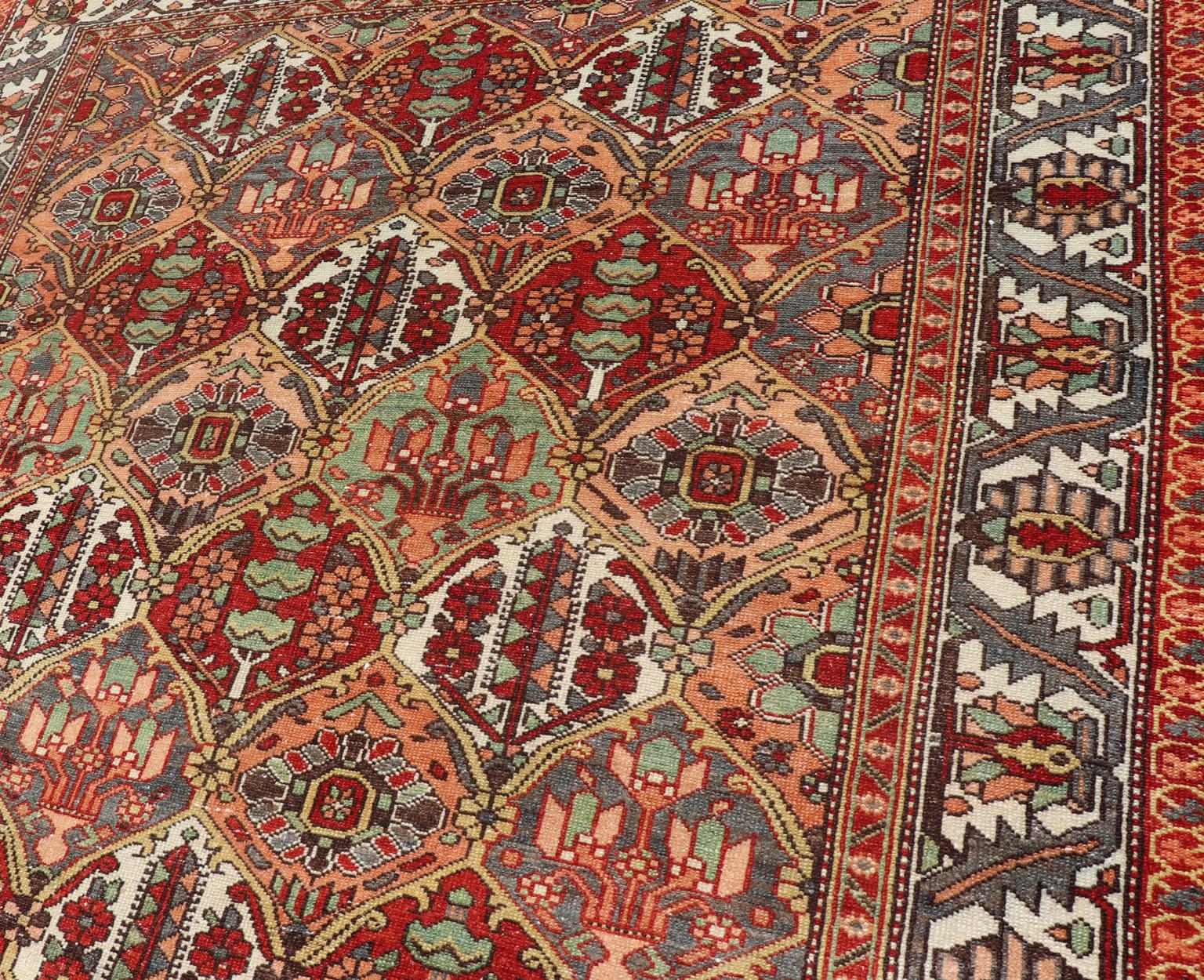 Antique Persian Diamond Garden Design Bakhtiari Rug in Multi Colors In Excellent Condition For Sale In Atlanta, GA