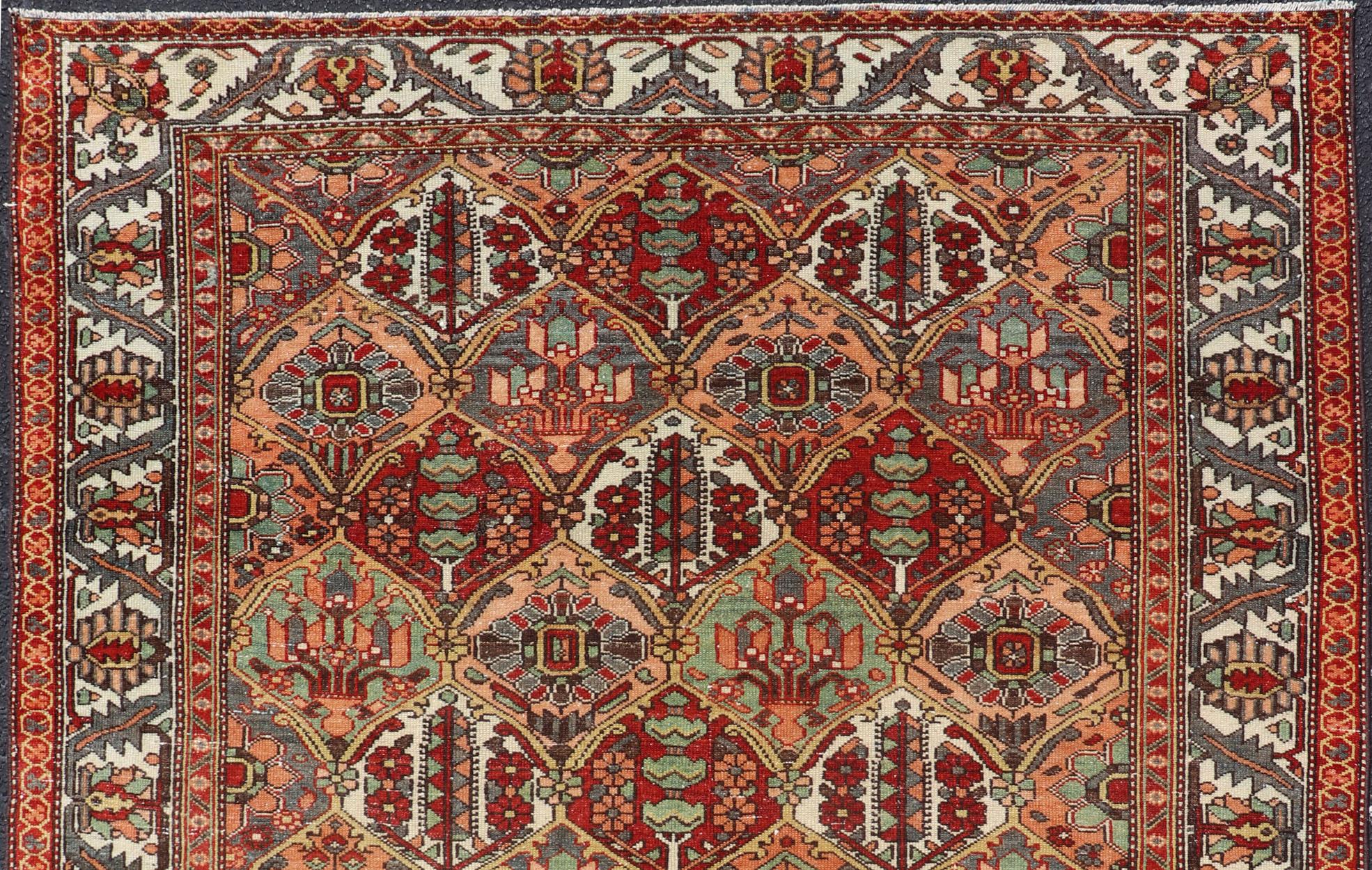 Wool Antique Persian Diamond Garden Design Bakhtiari Rug in Multi Colors For Sale