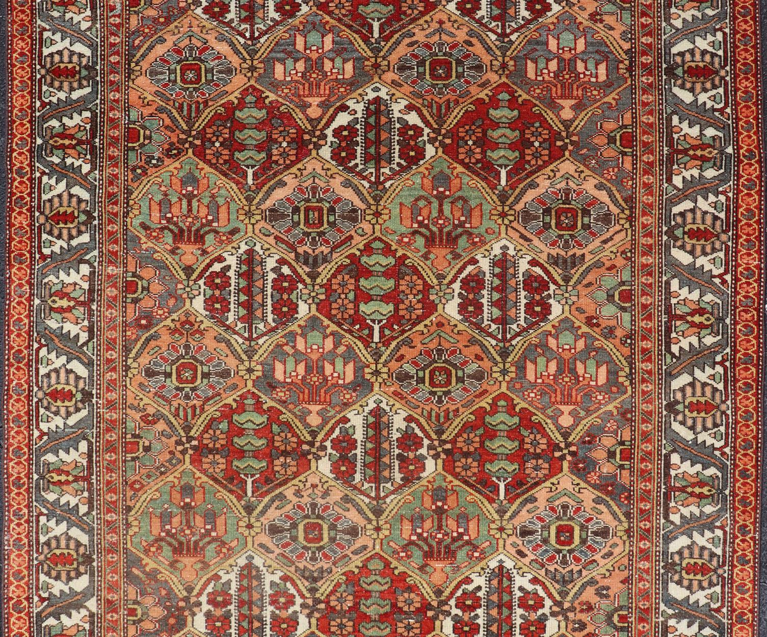 Antique Persian Diamond Garden Design Bakhtiari Rug in Multi Colors For Sale 1