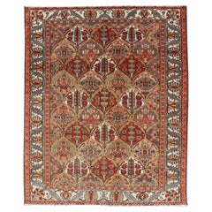 Antique Persian Diamond Garden Design Bakhtiari Rug in Multi Colors