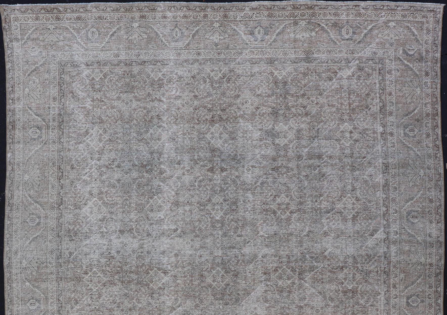 Hand-Knotted Antique Persian Distressed Mahal Rug in Warm Earthy Tones with All-Over Design