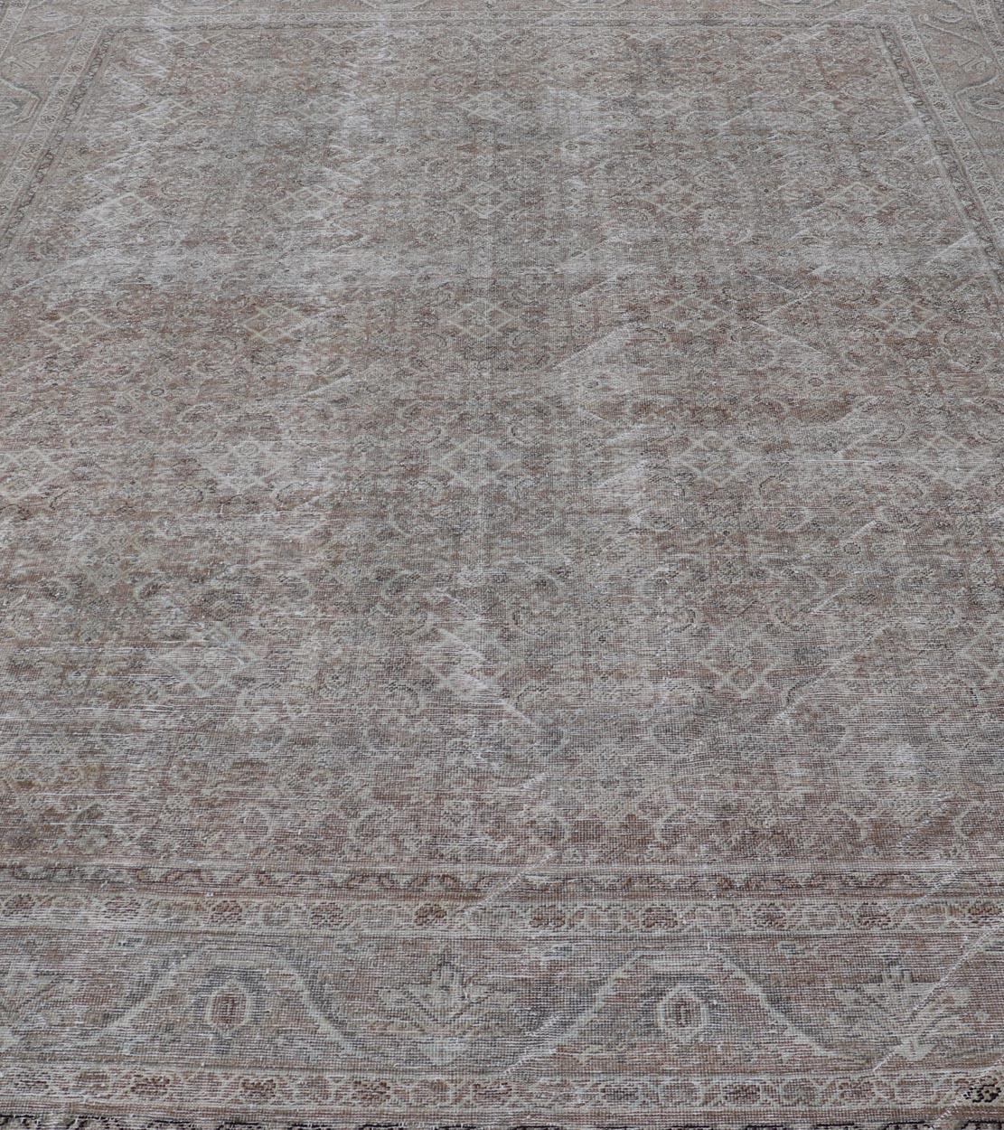 Wool Antique Persian Distressed Mahal Rug in Warm Earthy Tones with All-Over Design