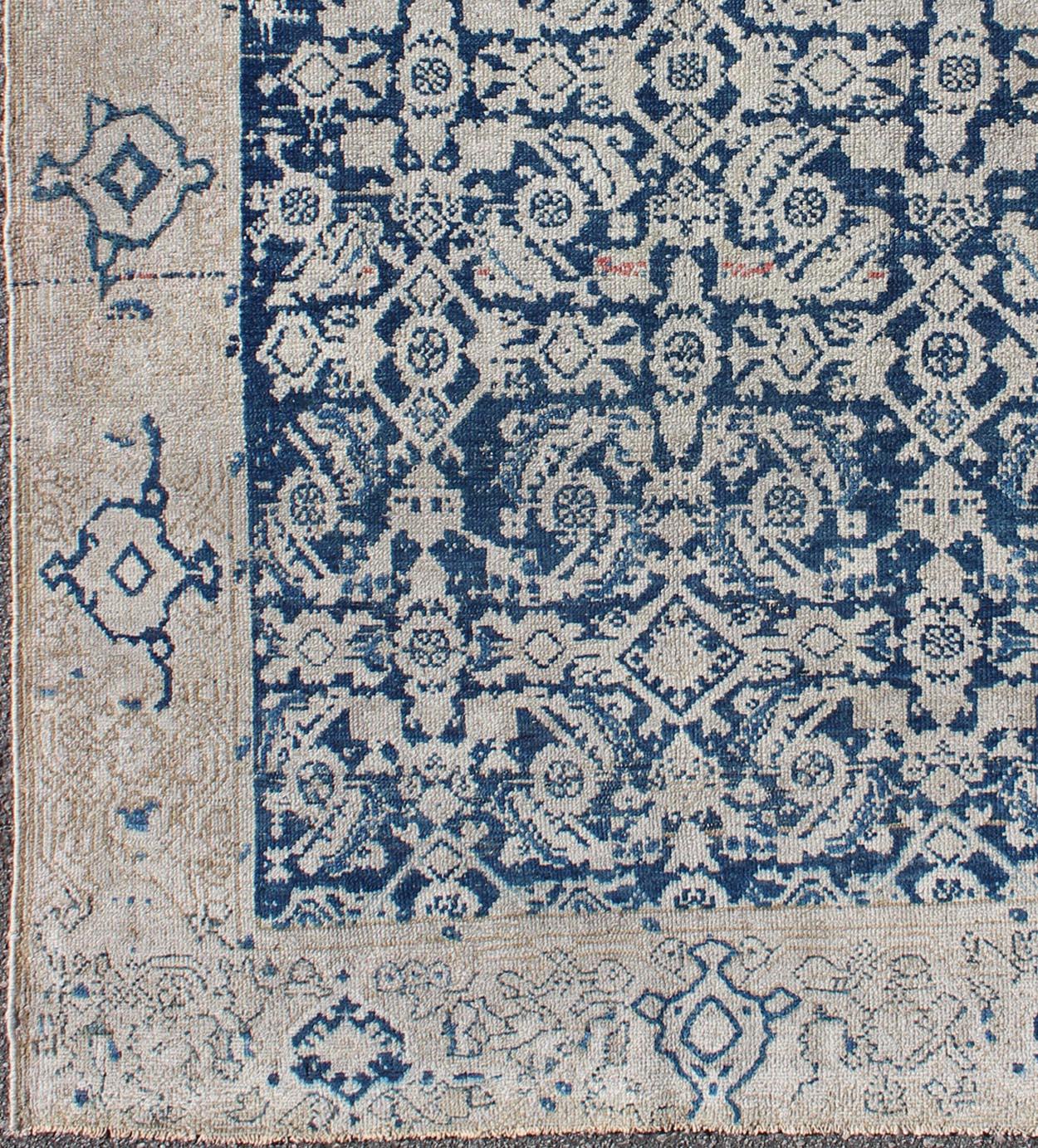 Hand-Knotted  Antique Persian Distressed Malayer Rug with All-Over Herati Design in Navy Blue For Sale