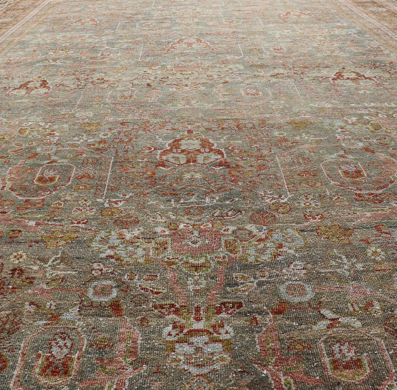 Antique Persian Distressed Sultanabad Rug in Grey Background, Blue, Green, Red For Sale 4