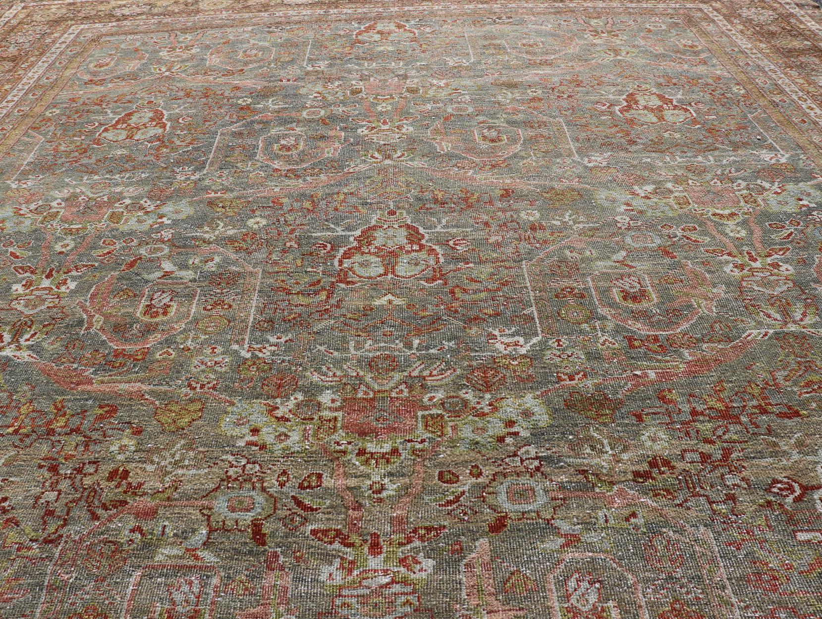 Antique Persian Distressed Sultanabad Rug in Grey Background, Blue, Green, Red For Sale 5