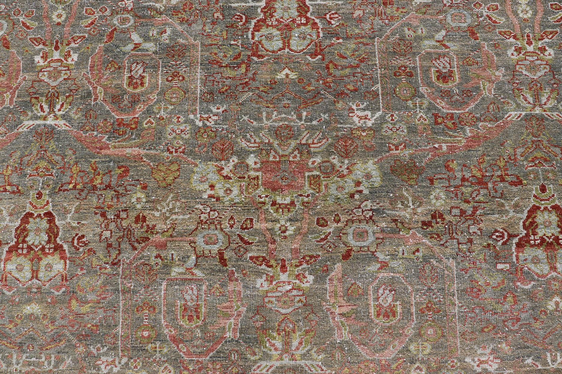 Antique Persian Distressed Sultanabad Rug in Grey Background, Blue, Green, Red For Sale 6