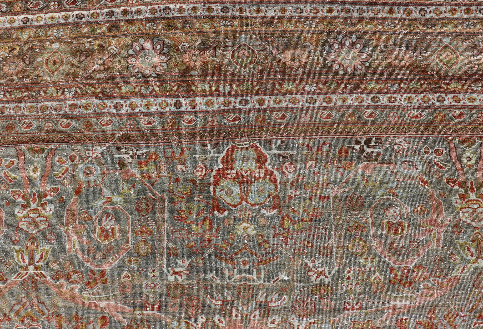 Antique Persian Distressed Sultanabad Rug in Grey Background, Blue, Green, Red For Sale 10